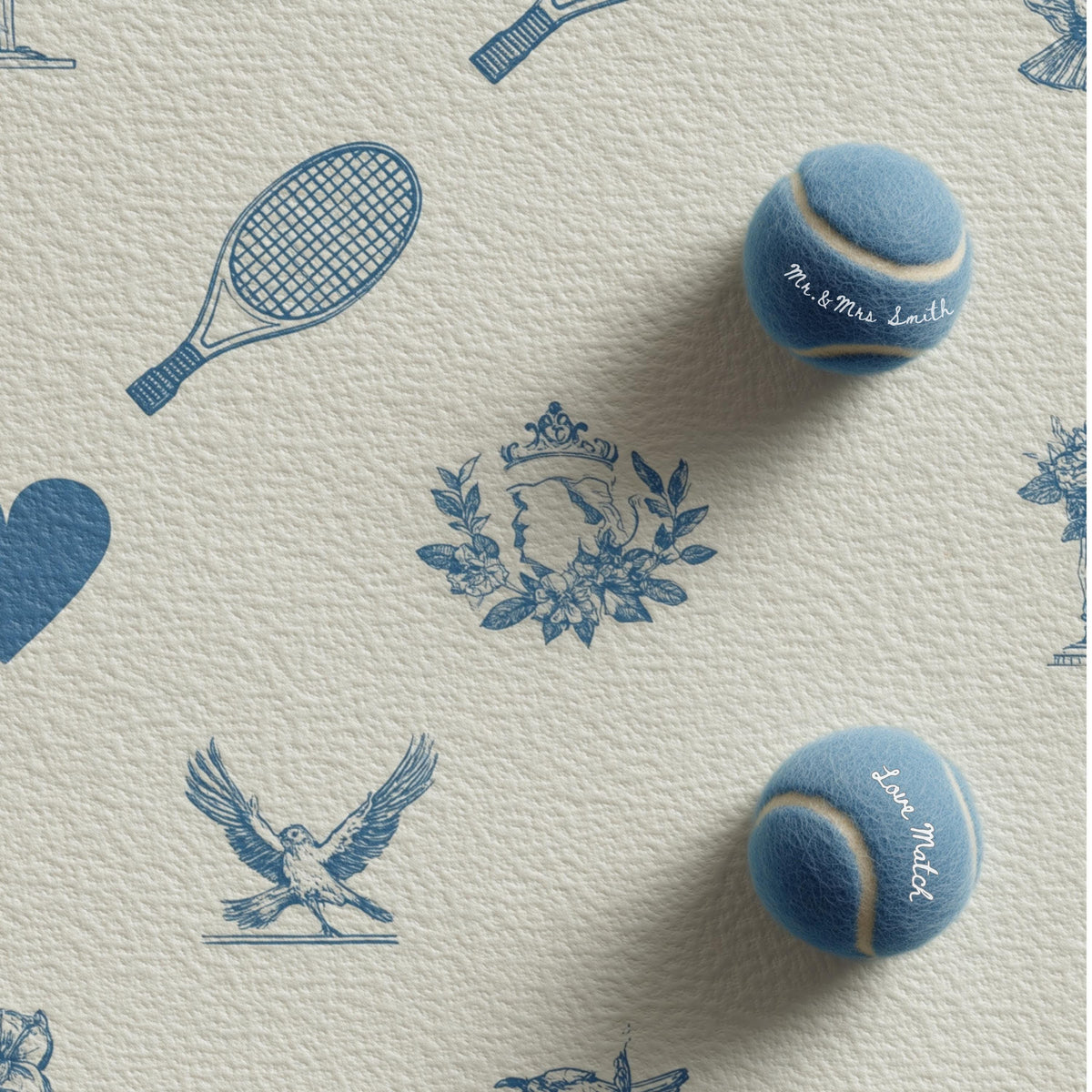 Detail view of personalized printing on wedding favor tennis balls