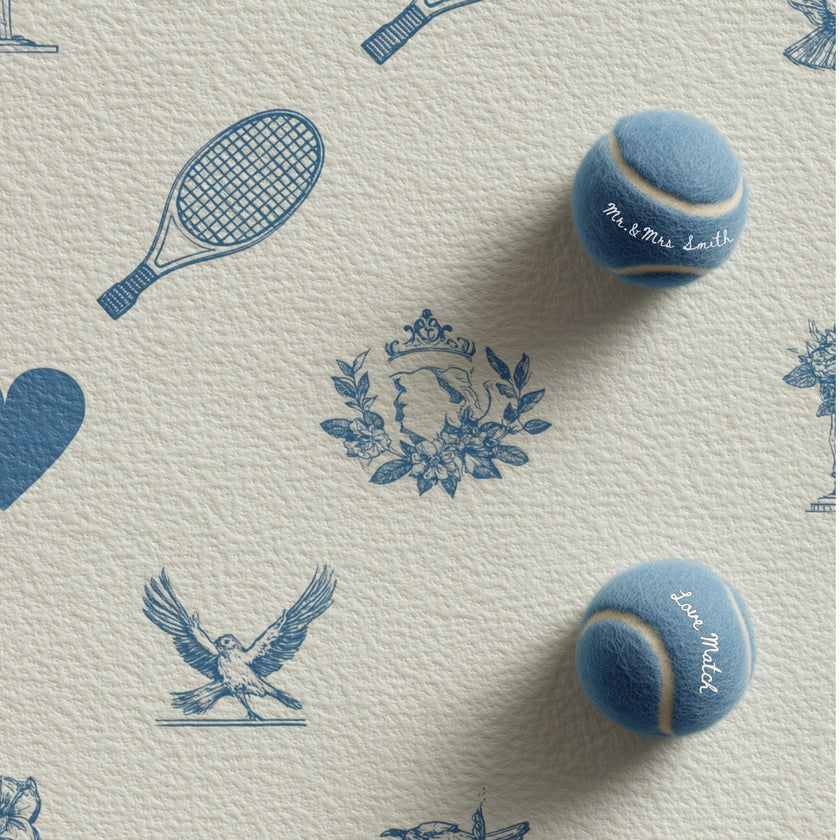 Detail view of personalized printing on wedding favor tennis balls