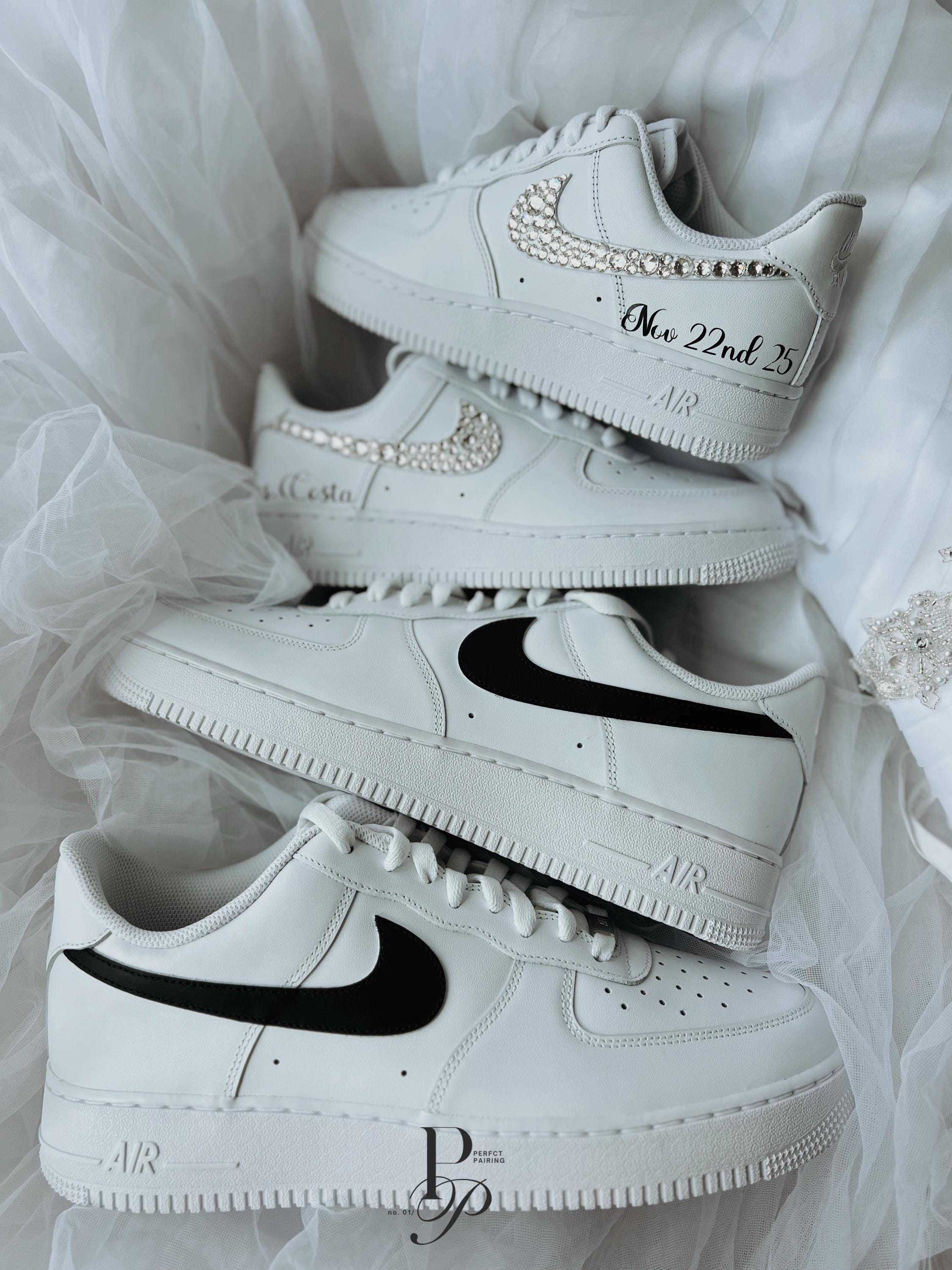 Custom wedding sneakers for bride and groom made from personalized Air Force 1s