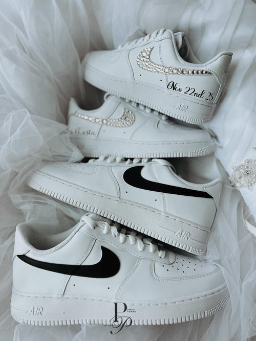 Custom wedding sneakers for bride and groom made from personalized Air Force 1s