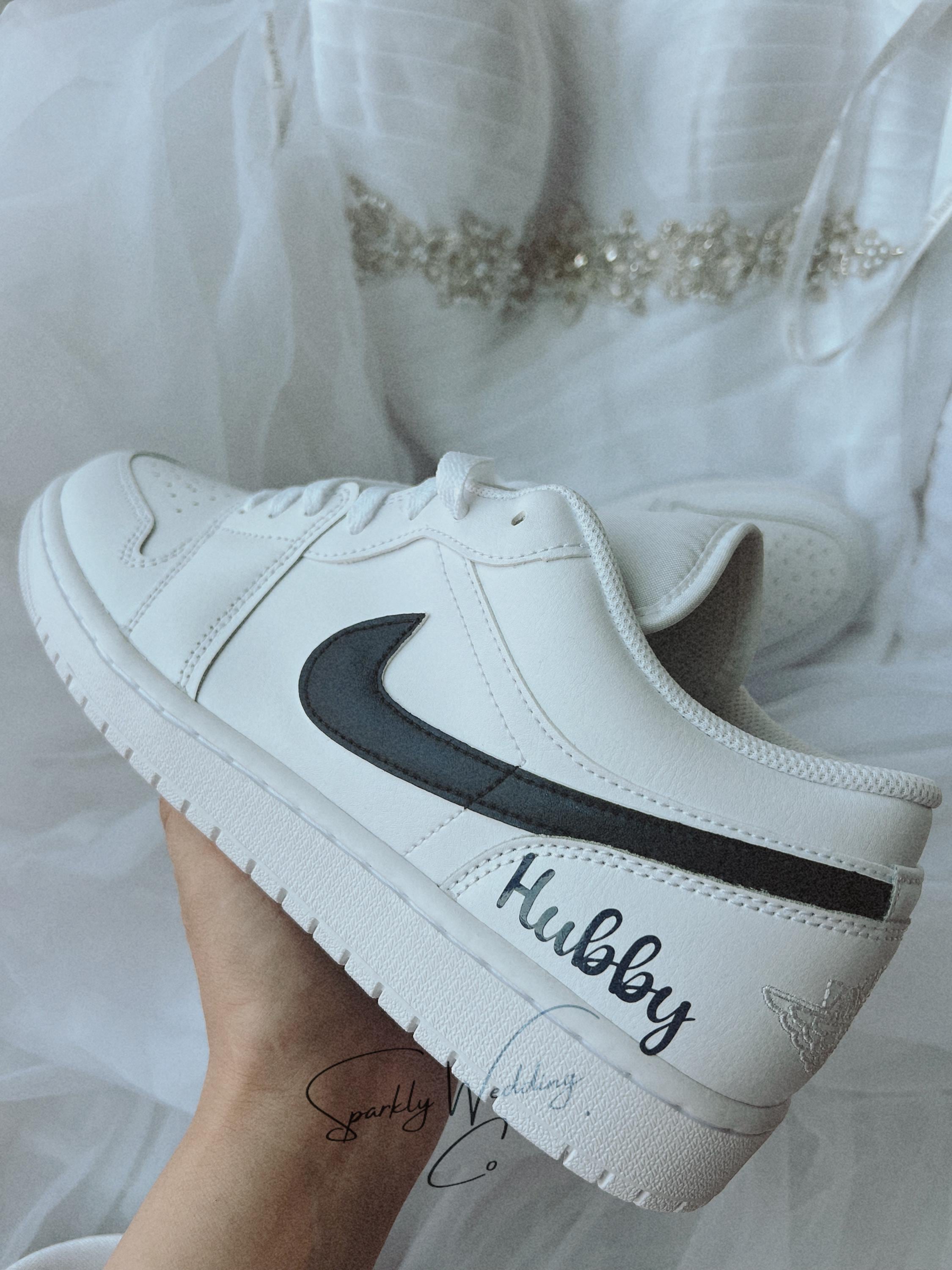 Men’s Air Jordan Low wedding sneakers with black swoosh, custom groom shoes
