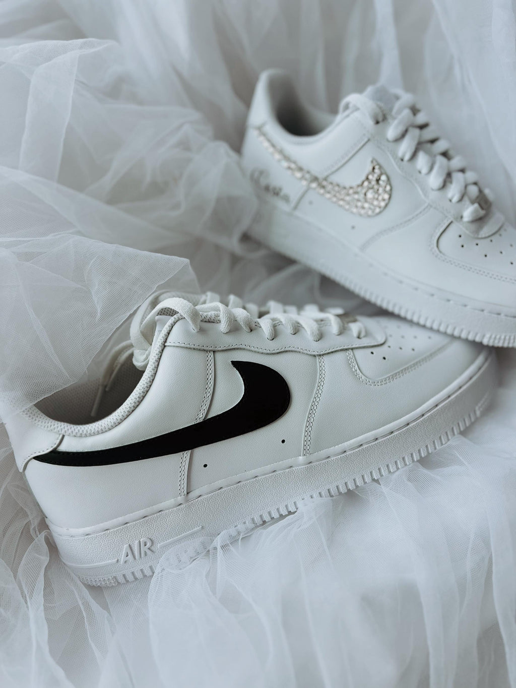 Groom wedding sneakers with black swoosh and personalized design