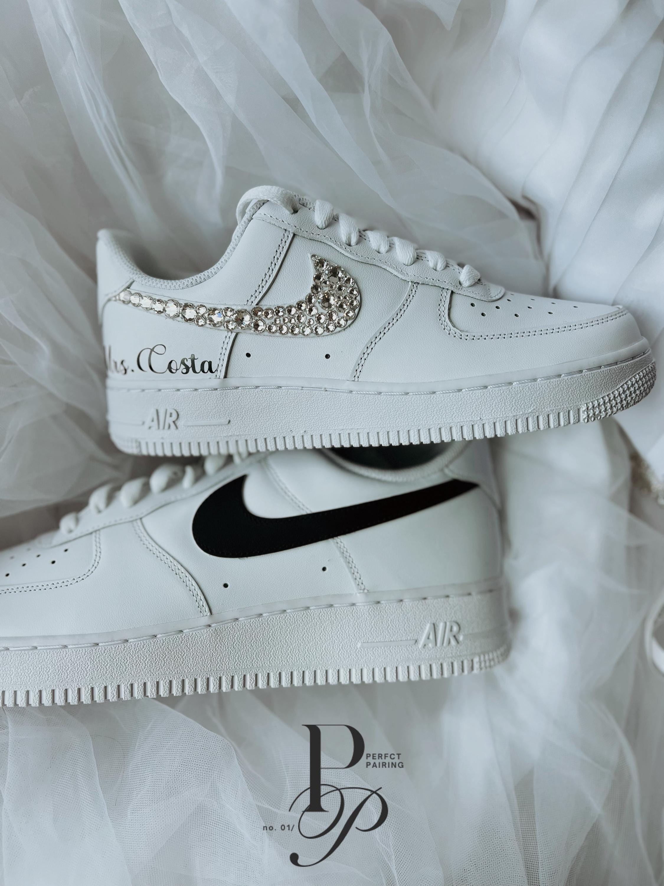 Groom wedding sneakers with black swoosh and personalized design