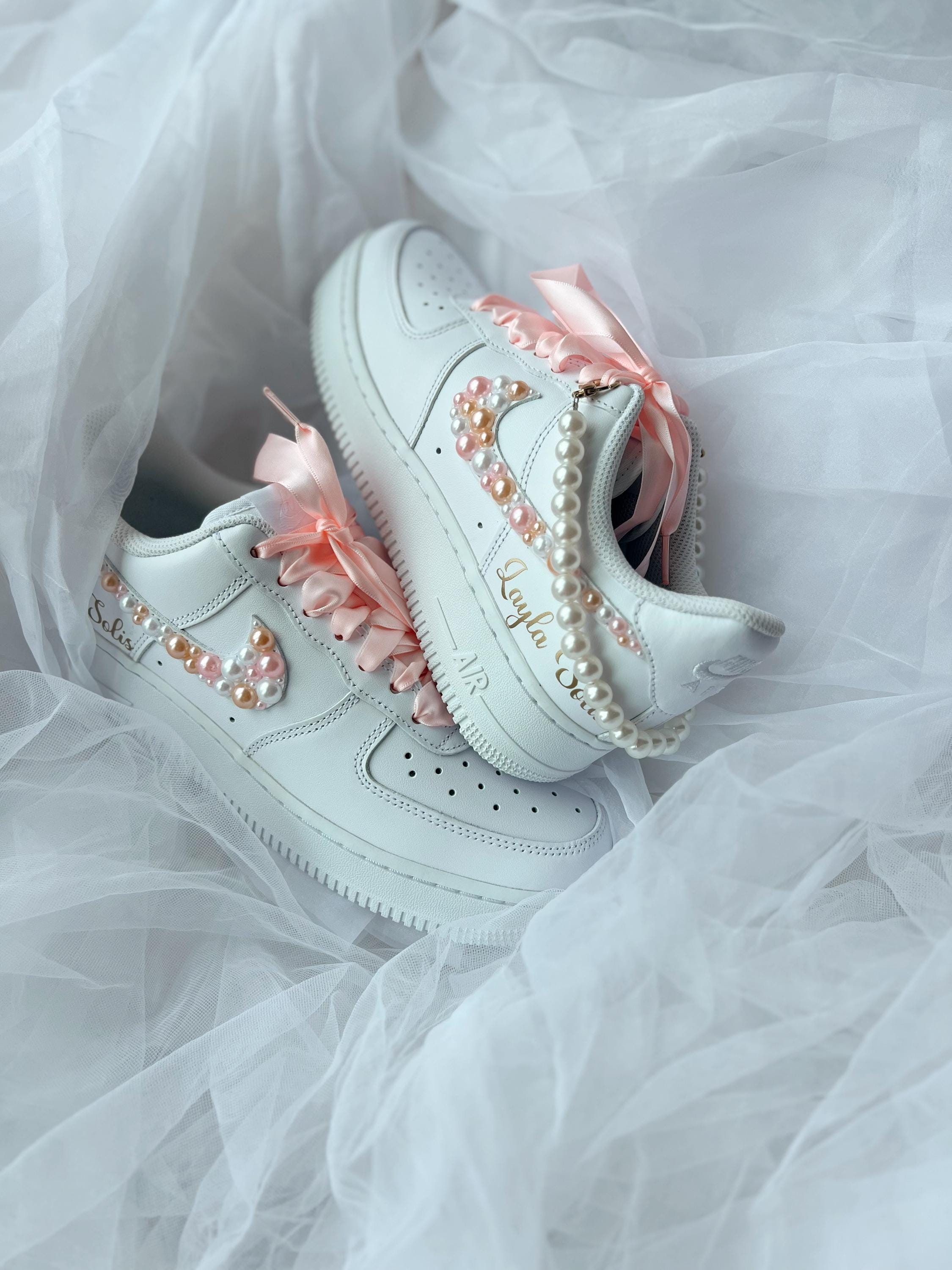Modern pearl wedding sneakers styled with soft bridal accessories