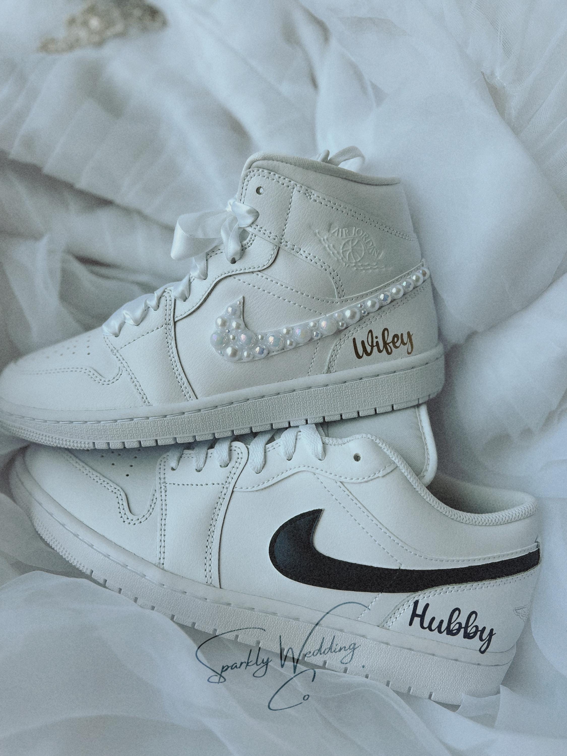 Side view of custom his and hers Air Jordan wedding sneakers for bride and groom