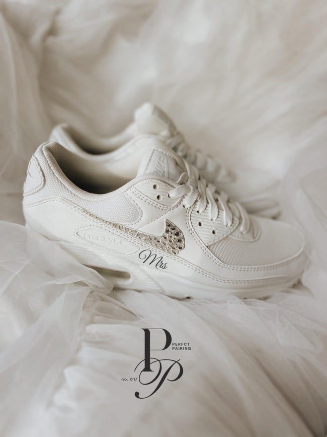 Custom Nike Air Max 90 wedding sneakers featuring hand-applied rhinestones, designed as elegant bridal shoes for brides.