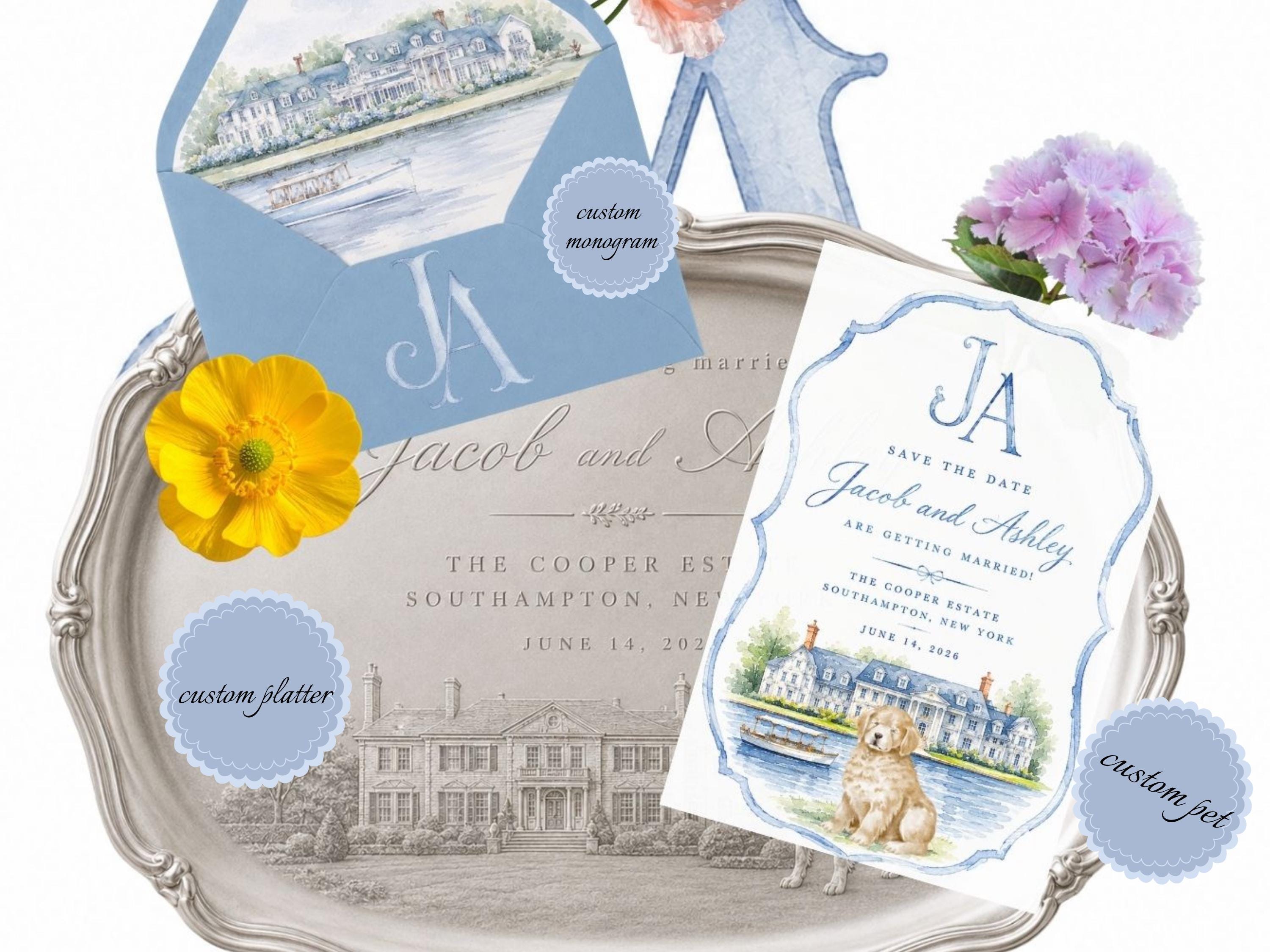 Old Money Save the Date Website | Custom Digital Wedding Invites with Watercolor Pet Illustration __etsy:8061567621