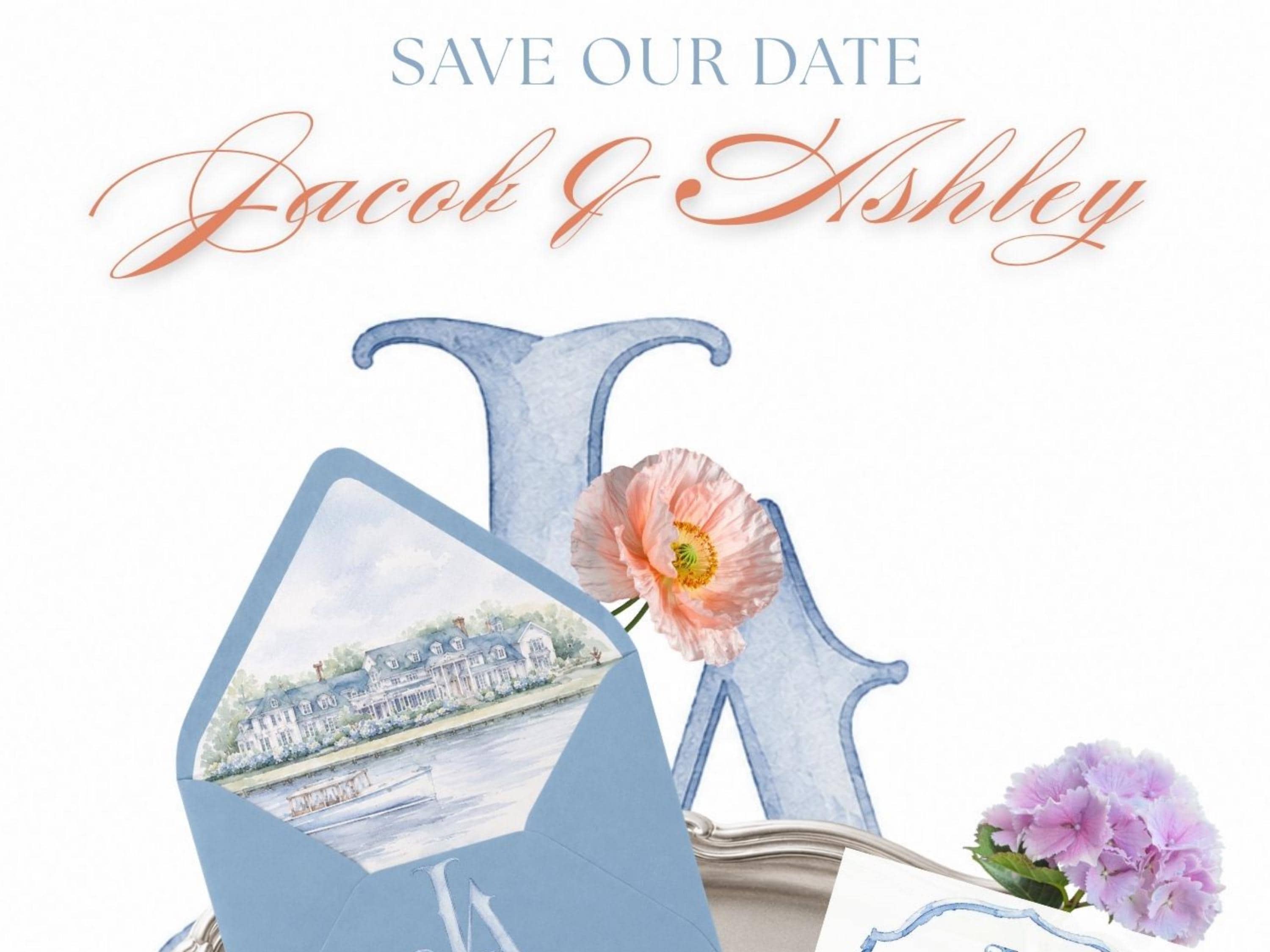 Old Money Save the Date Website | Custom Digital Wedding Invites with Watercolor Pet Illustration __etsy:8061567743