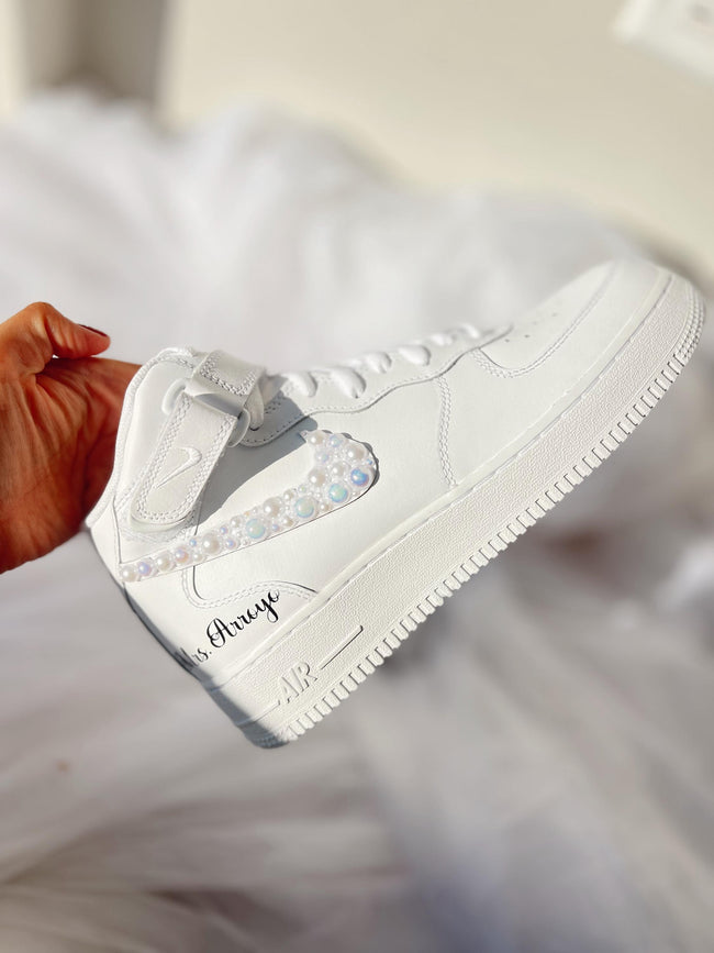 Side view of personalized pearl wedding sneakers in a mid-top style