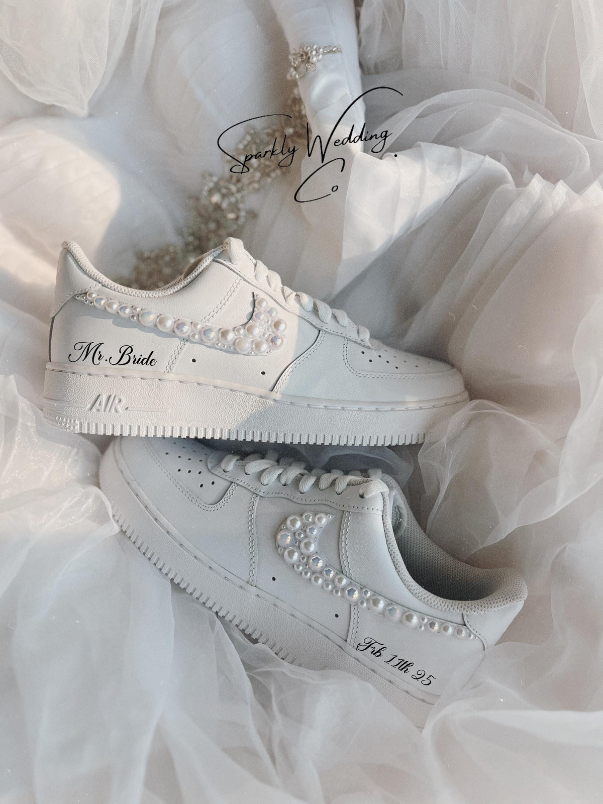 Personalized Air Force 1 bridal sneakers with delicate pearl details on the swoosh, custom wedding shoes for brides
