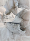 Personalized Air Force 1 bridal sneakers with delicate pearl details on the swoosh, custom wedding shoes for brides