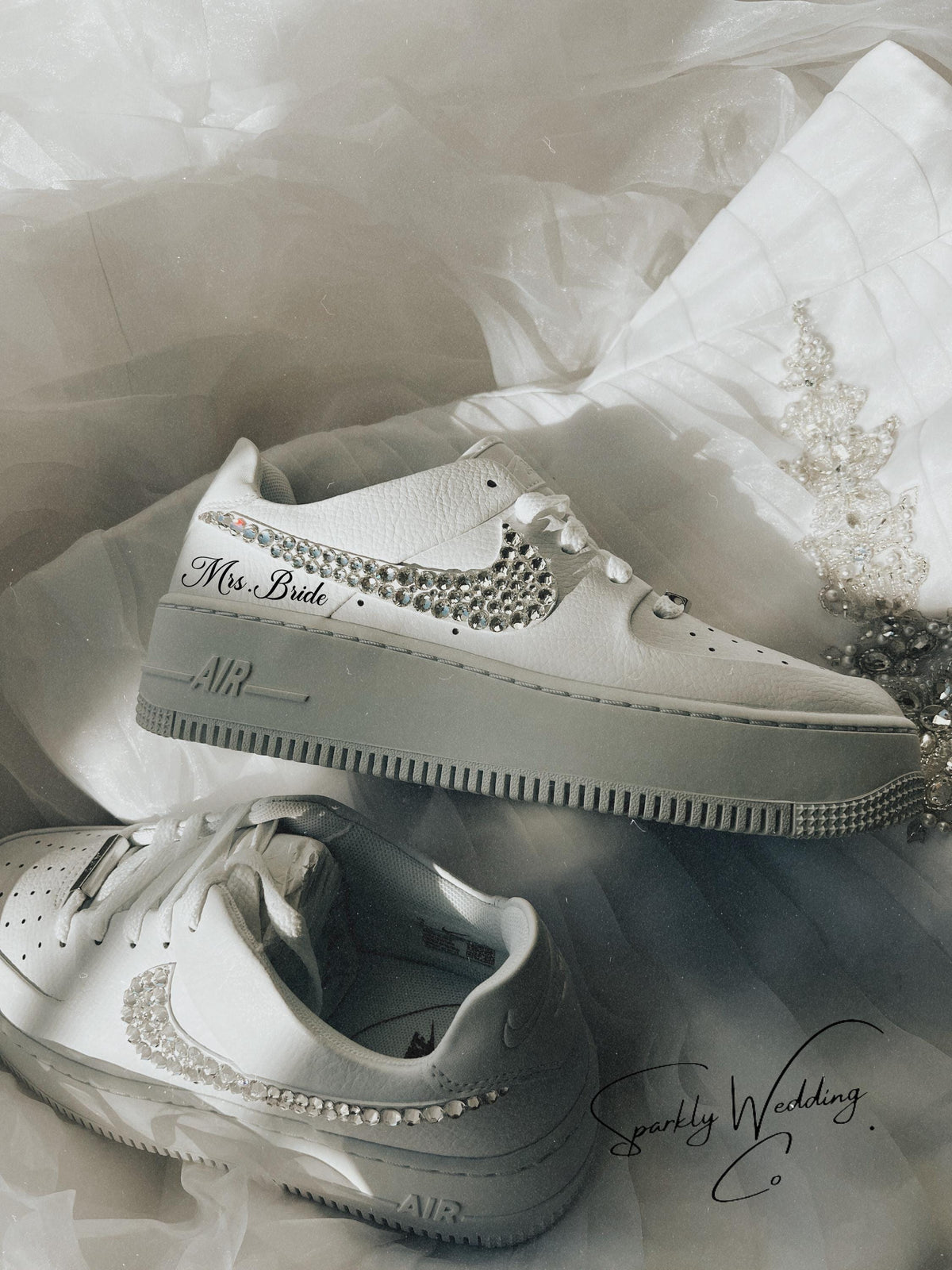 Personalized Air Force 1 Sage wedding sneakers with rhinestones, custom bridal shoes designed for weddings