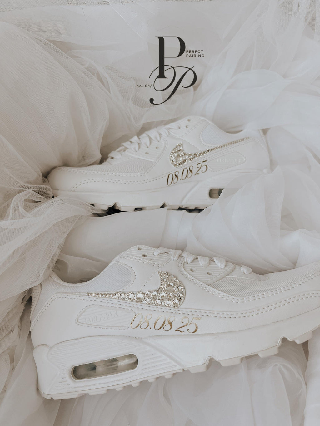 Personalized Nike Air Max 90 wedding sneakers customized with initials or wedding date for the bride.