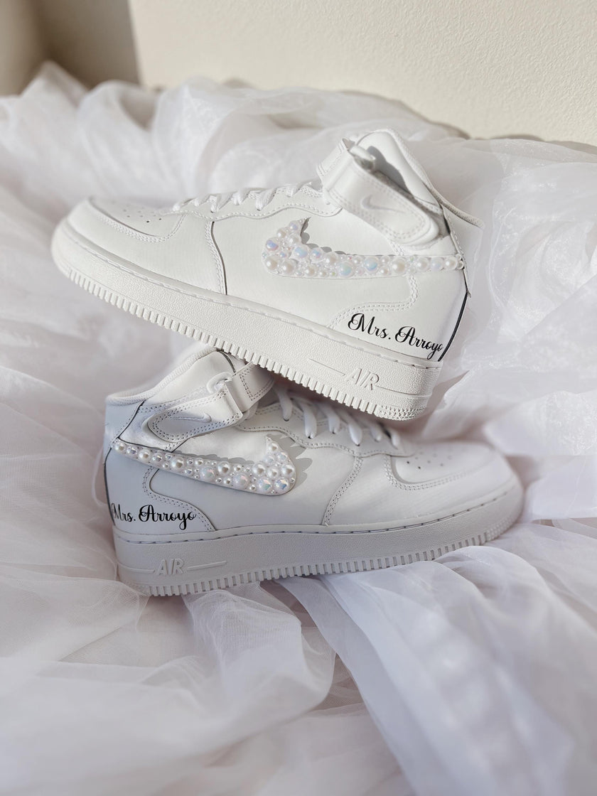Back view of custom bridal sneakers featuring pearl detailing