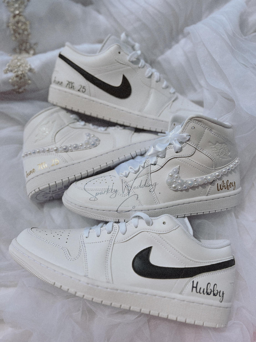 Personalized couples wedding sneakers set with bridal Air Jordan Mid and groom Air Jordan Low