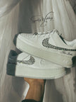 Side view of Air Force 1 Sage bridal sneakers with rhinestone embellishments on the outer swoosh