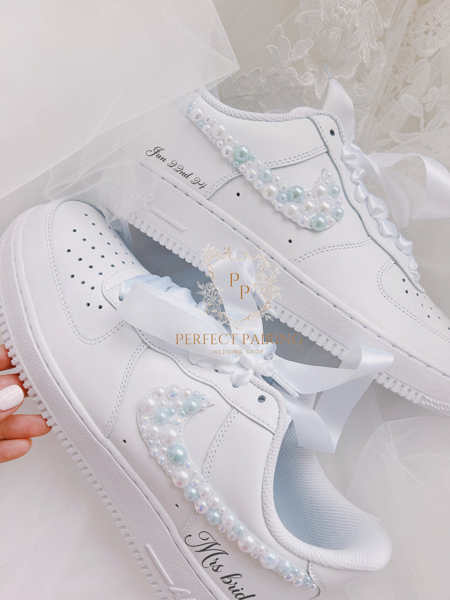 Something Blue Bridal Sneakers | Pearl Nike Air Force 1s for Bride | Custom Wedding Sneakers with Pearls and Personalization __etsy:5115102836