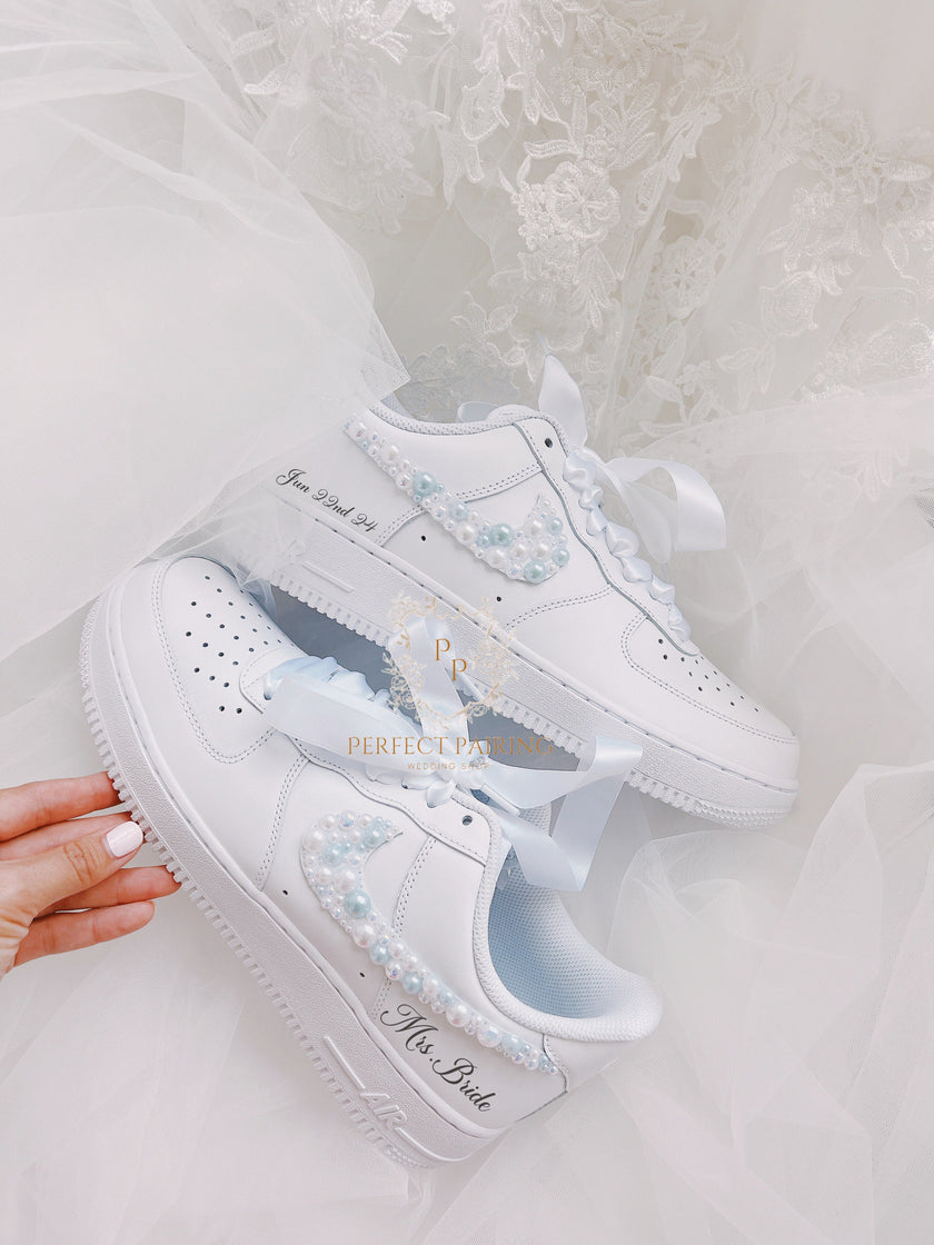 Something Blue Bridal Sneakers | Pearl Nike Air Force 1s for Bride | Custom Wedding Sneakers with Pearls and Personalization __etsy:5163333243
