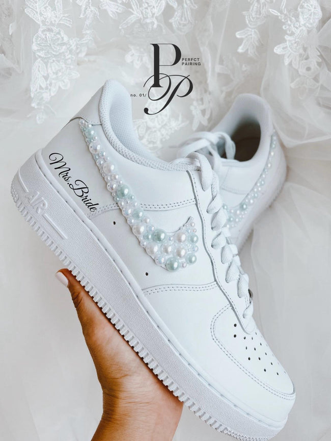 Something Blue Bridal Sneakers | Pearl Nike Air Force 1s for Bride | Custom Wedding Sneakers with Pearls and Personalization __etsy:7157234556