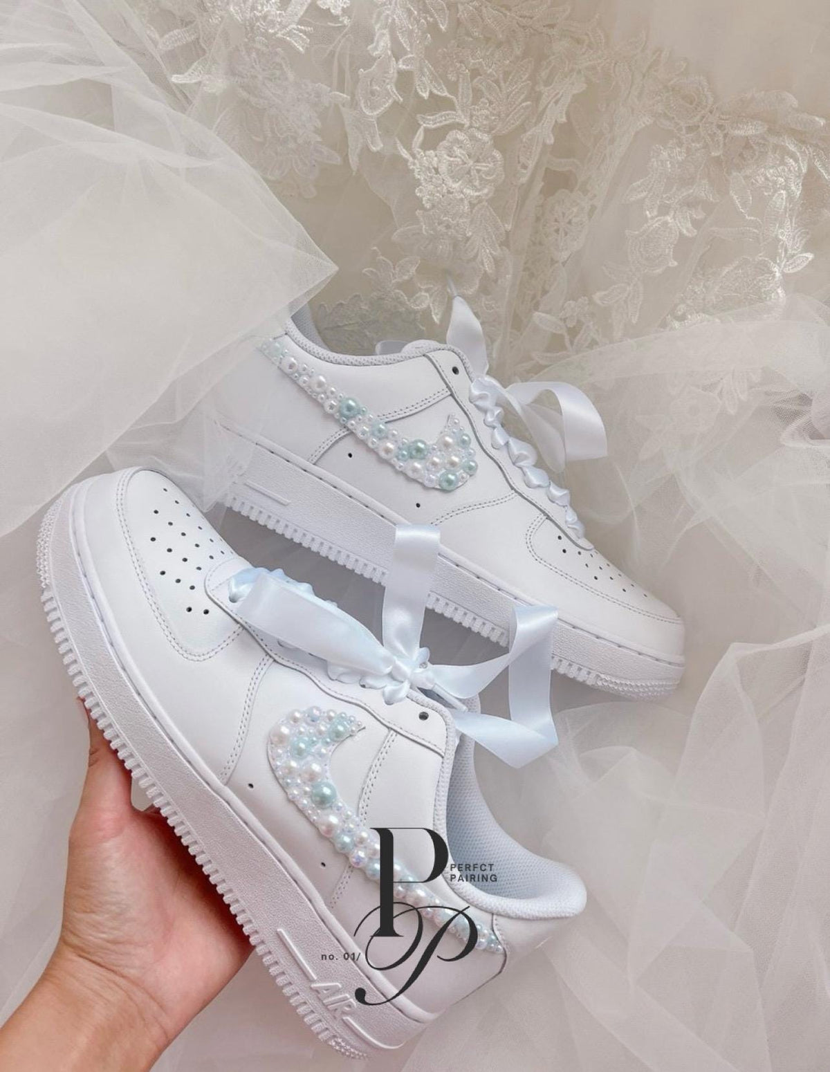 Something Blue Bridal Sneakers | Pearl Nike Air Force 1s for Bride | Custom Wedding Sneakers with Pearls and Personalization __etsy:7205227235