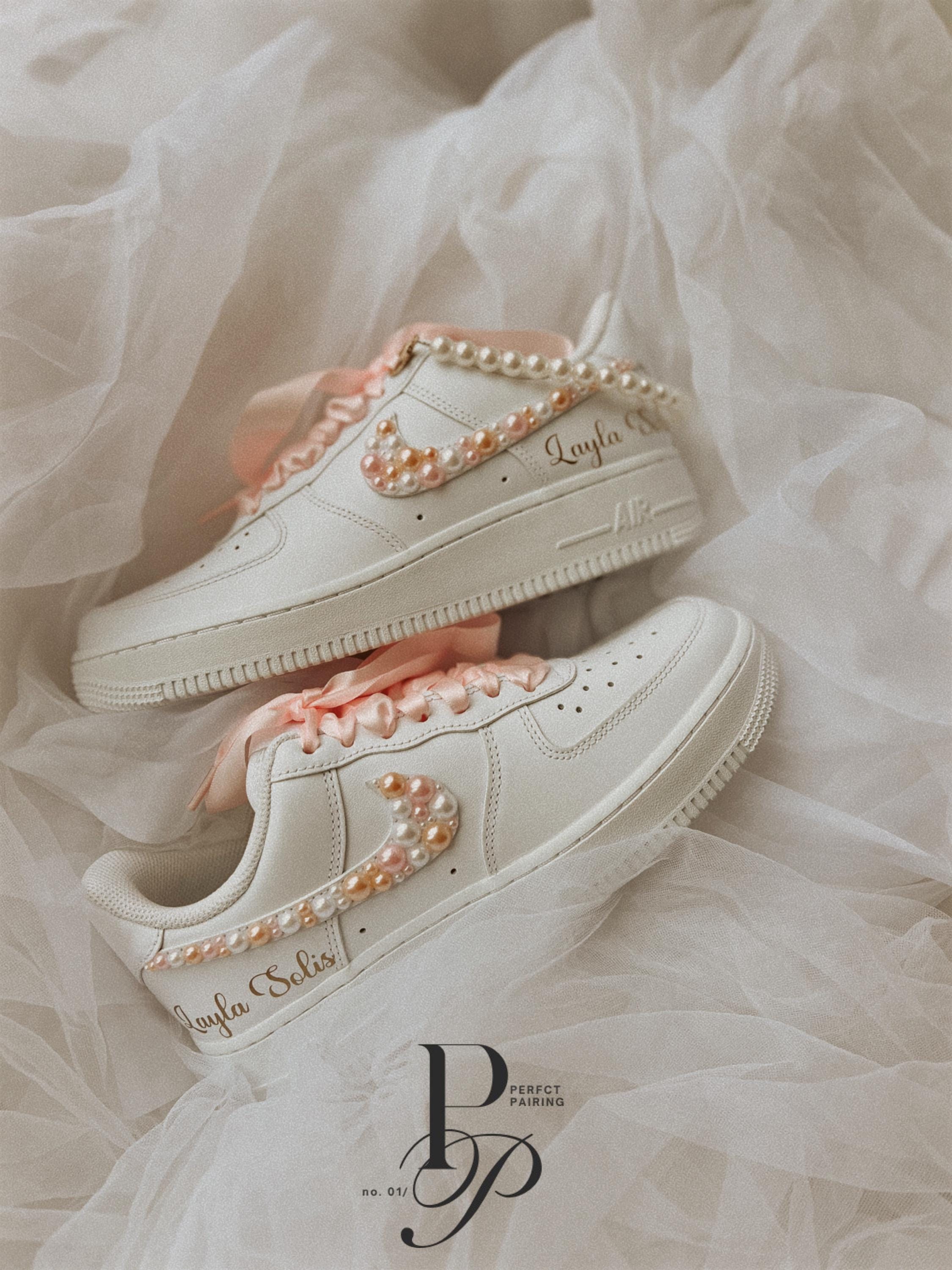 Bride wearing pearl wedding sneakers paired with a wedding dress for ceremony or reception