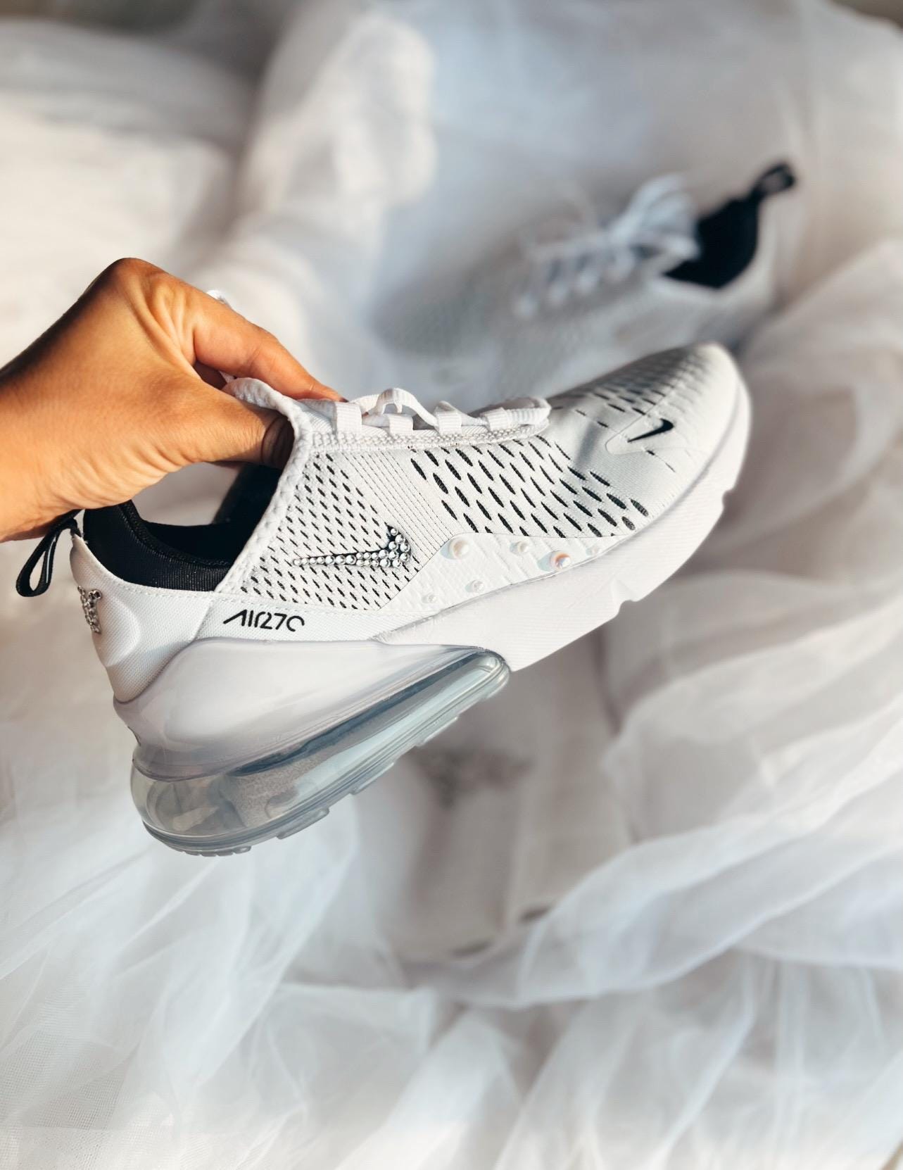 Air Max 270 Bridal Sneakers: White Pearls & Blue Crystals - Personalized Wedding Shoes