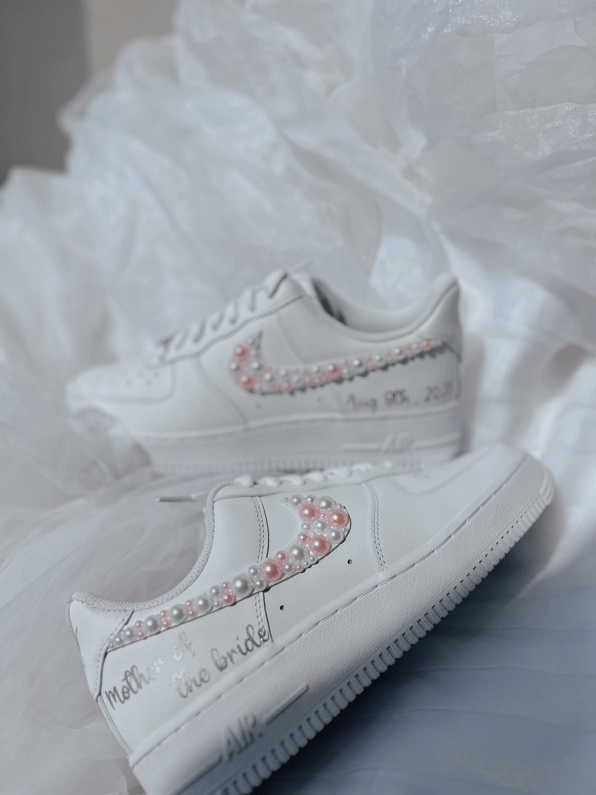 Wedding Shoes Custom Nike Air Force Sage for Bride with White Pink Pearls – Personalized Bridal Sneakers