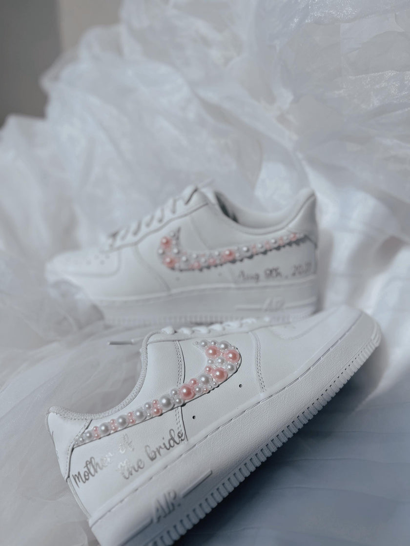 Wedding Shoes Custom Nike Air Force Sage for Bride with White Pink Pearls – Personalized Bridal Sneakers