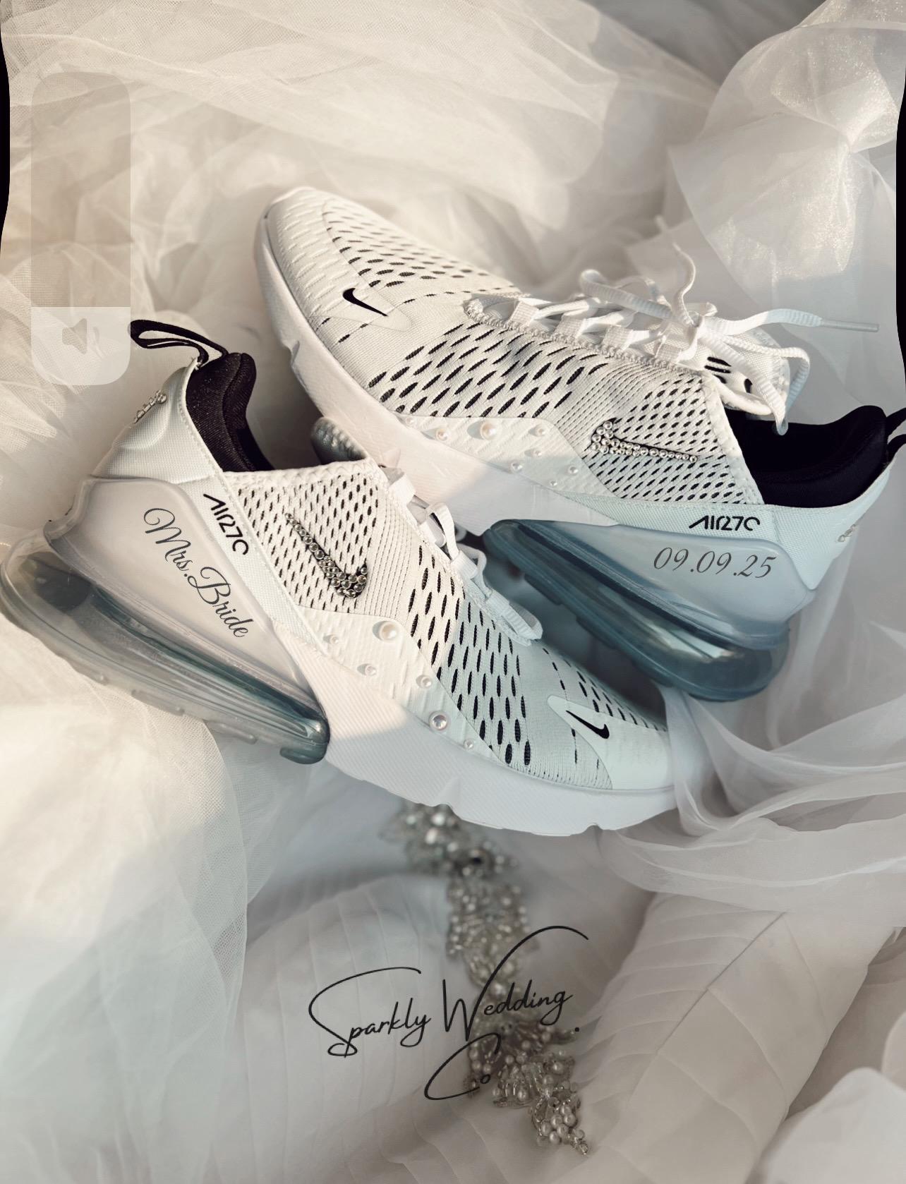 Air Max 270 Bridal Sneakers: White Pearls & Blue Crystals - Personalized Wedding Shoes