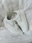 Personalized Nike Air Force 1 bridal wedding sneakers with pearls on both outer swooshes, customized with wedding name and date