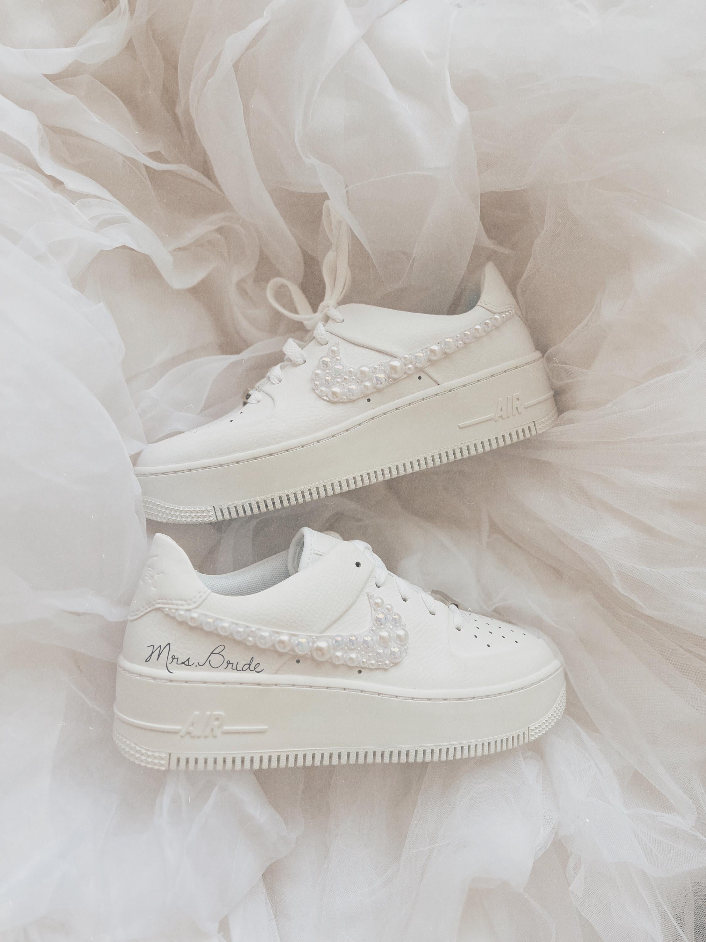 Custom Nike Air Force 1 Sage bridal wedding sneakers with rhinestones and pearls on the swoosh, 1.5 inch platform, personalized with wedding name and date