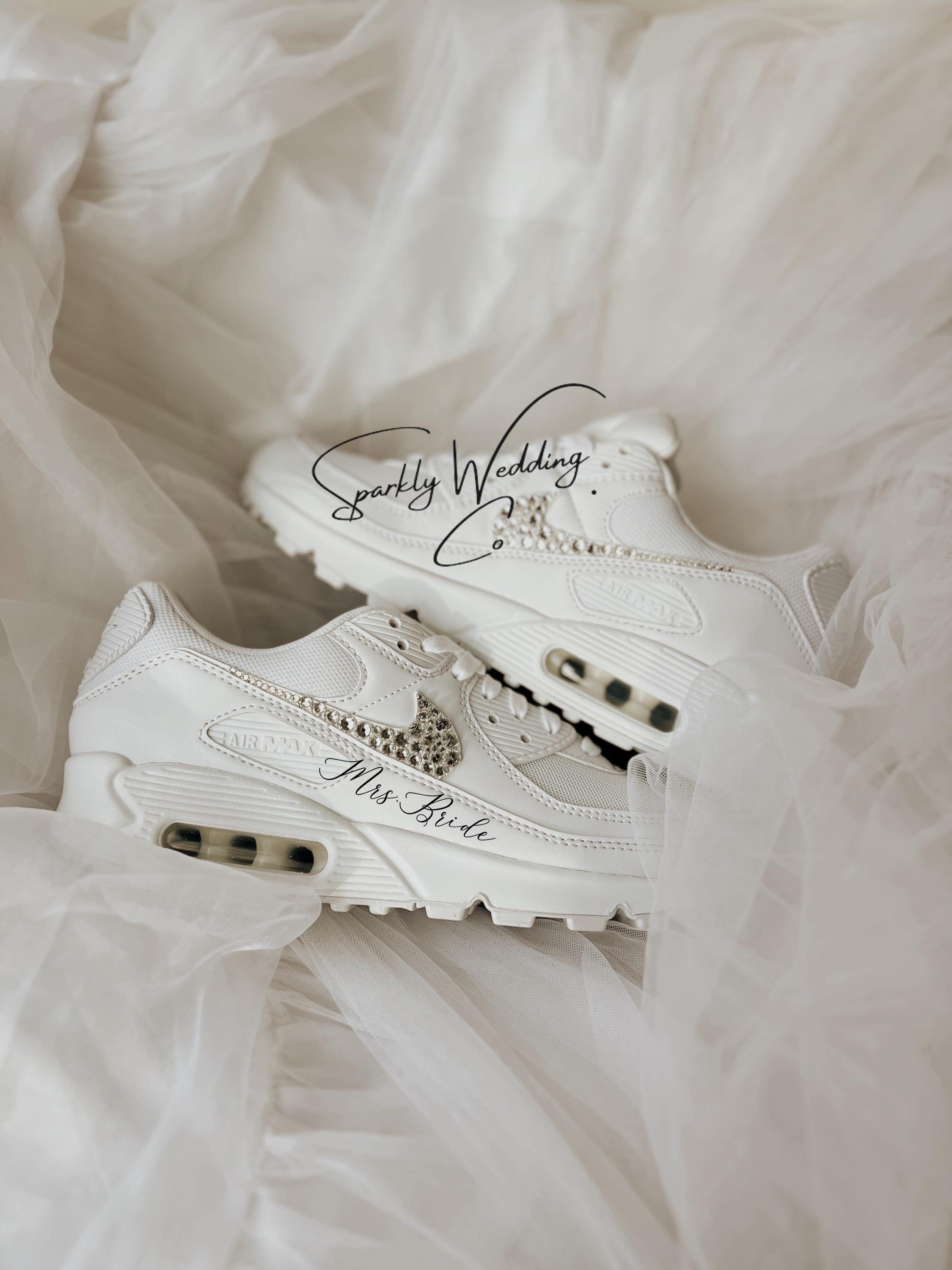 Custom Nike Air Max 90 bridal wedding sneakers with rhinestones on both outer swooshes, personalized with wedding name and date