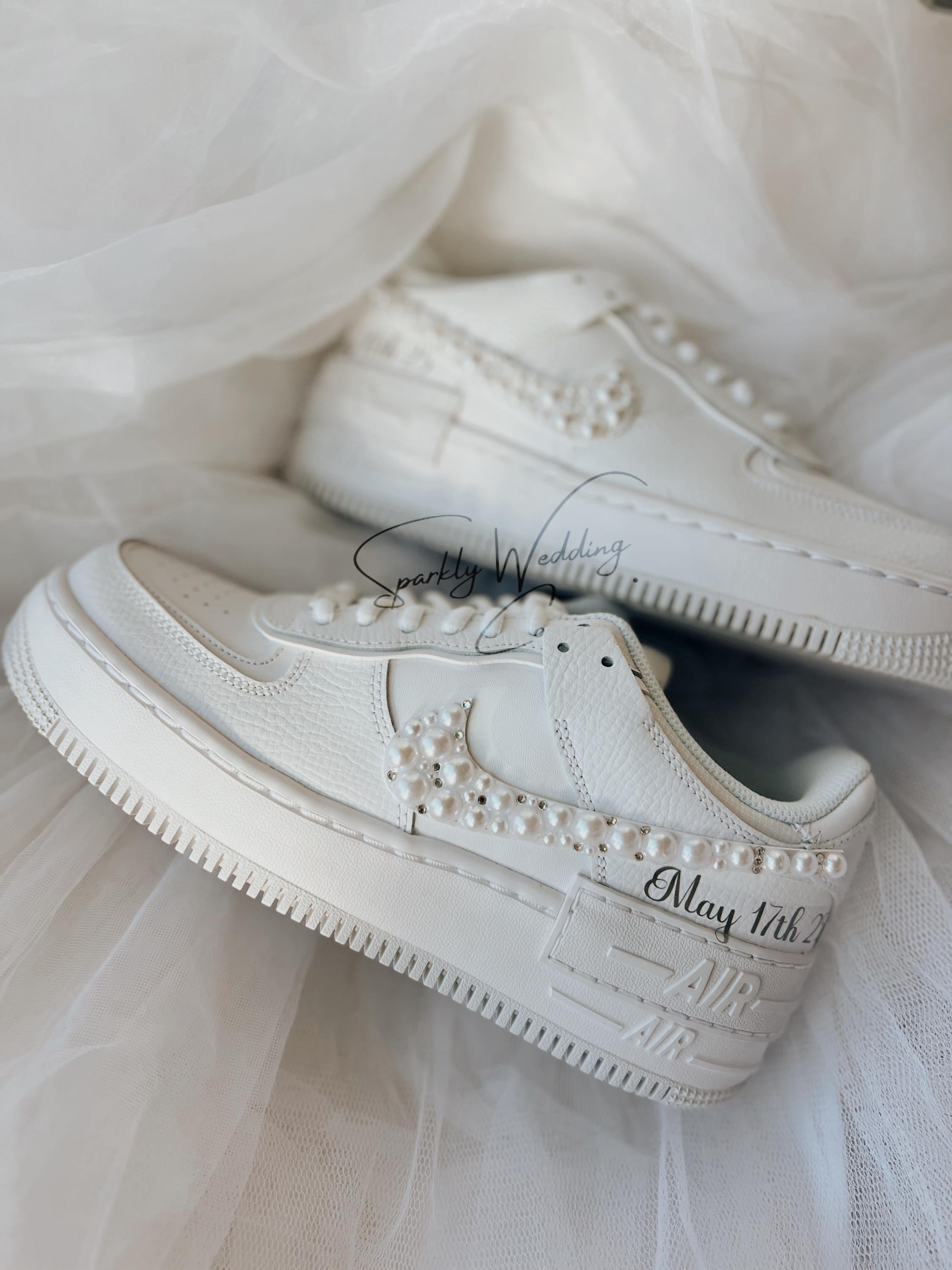 Custom Air Force Shadow-Style Wedding Sneakers with Pearls & Rhinestones