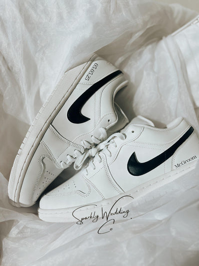 Groom's Painted Swoosh Wedding Sneakers | Custom Nike Air Jordan Low