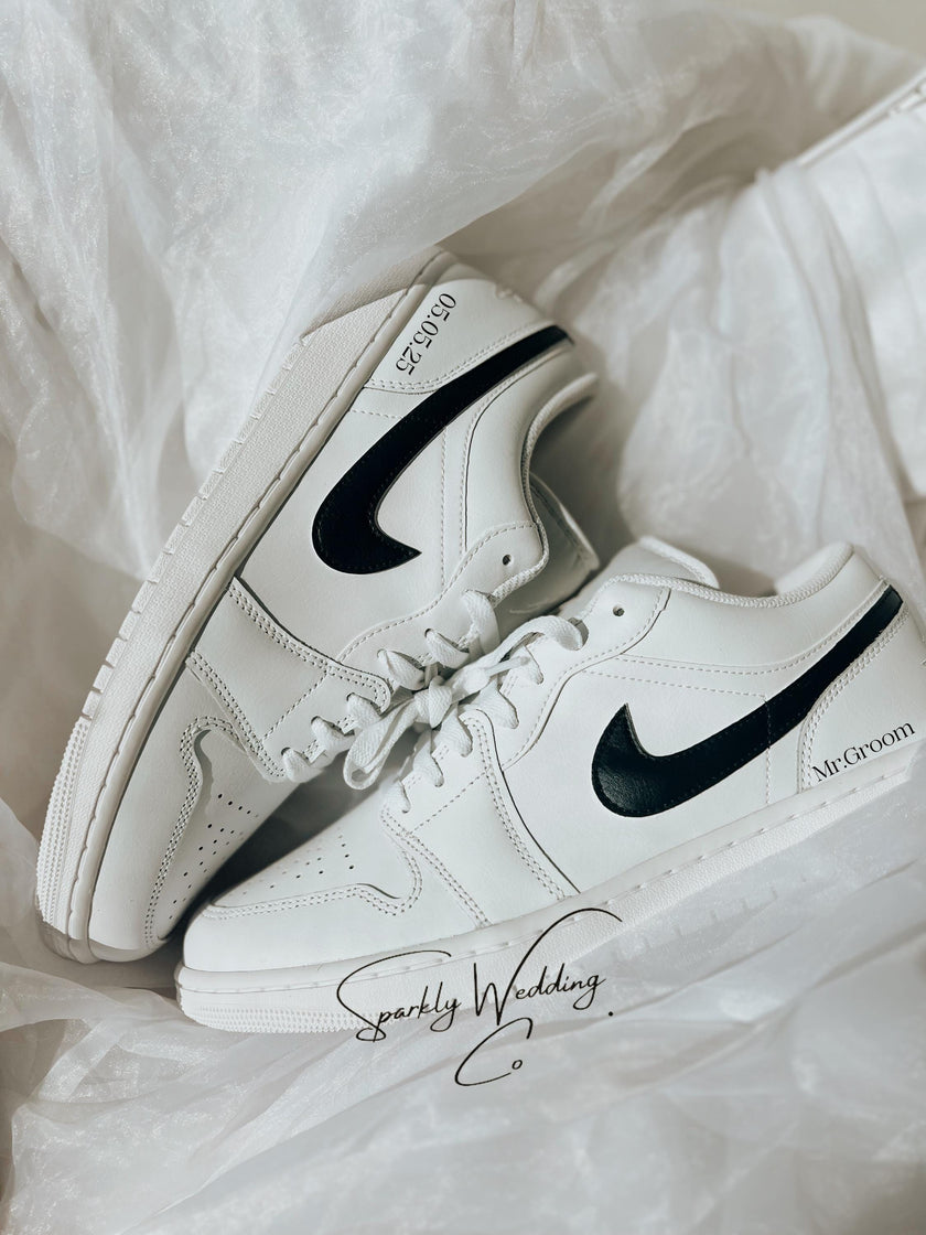Groom's Painted Swoosh Wedding Sneakers | Custom Nike Air Jordan Low