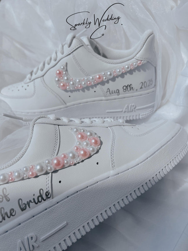 Wedding Shoes Custom Nike Air Force Sage for Bride with White Pink Pearls – Personalized Bridal Sneakers