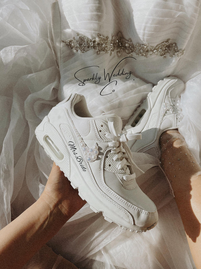 Pearl Swoosh Bridal Sneakers | Custom Nike Air Max 90 Wedding Shoes for Bride