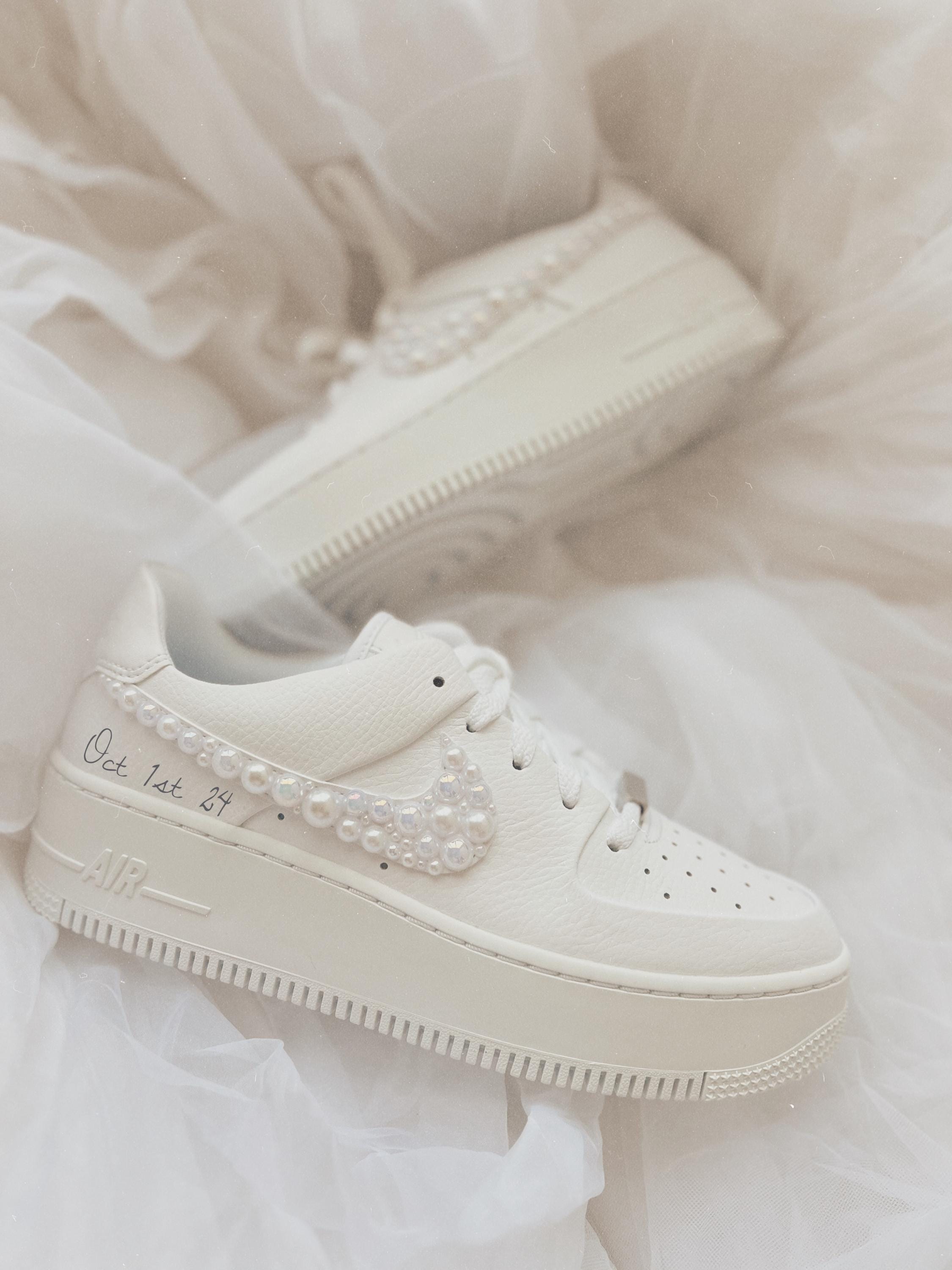 Custom Nike Air Force 1 Sage bridal wedding sneakers with rhinestones and pearls on the swoosh, 1.5 inch platform, personalized with wedding name and date