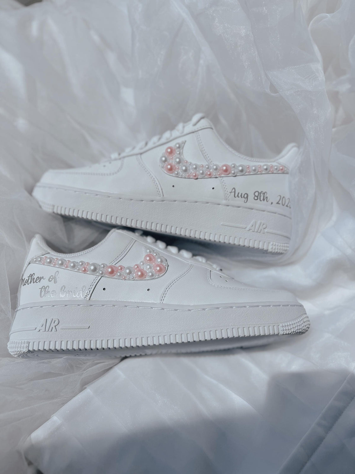 Wedding Shoes Custom Nike Air Force Sage for Bride with White Pink Pearls – Personalized Bridal Sneakers