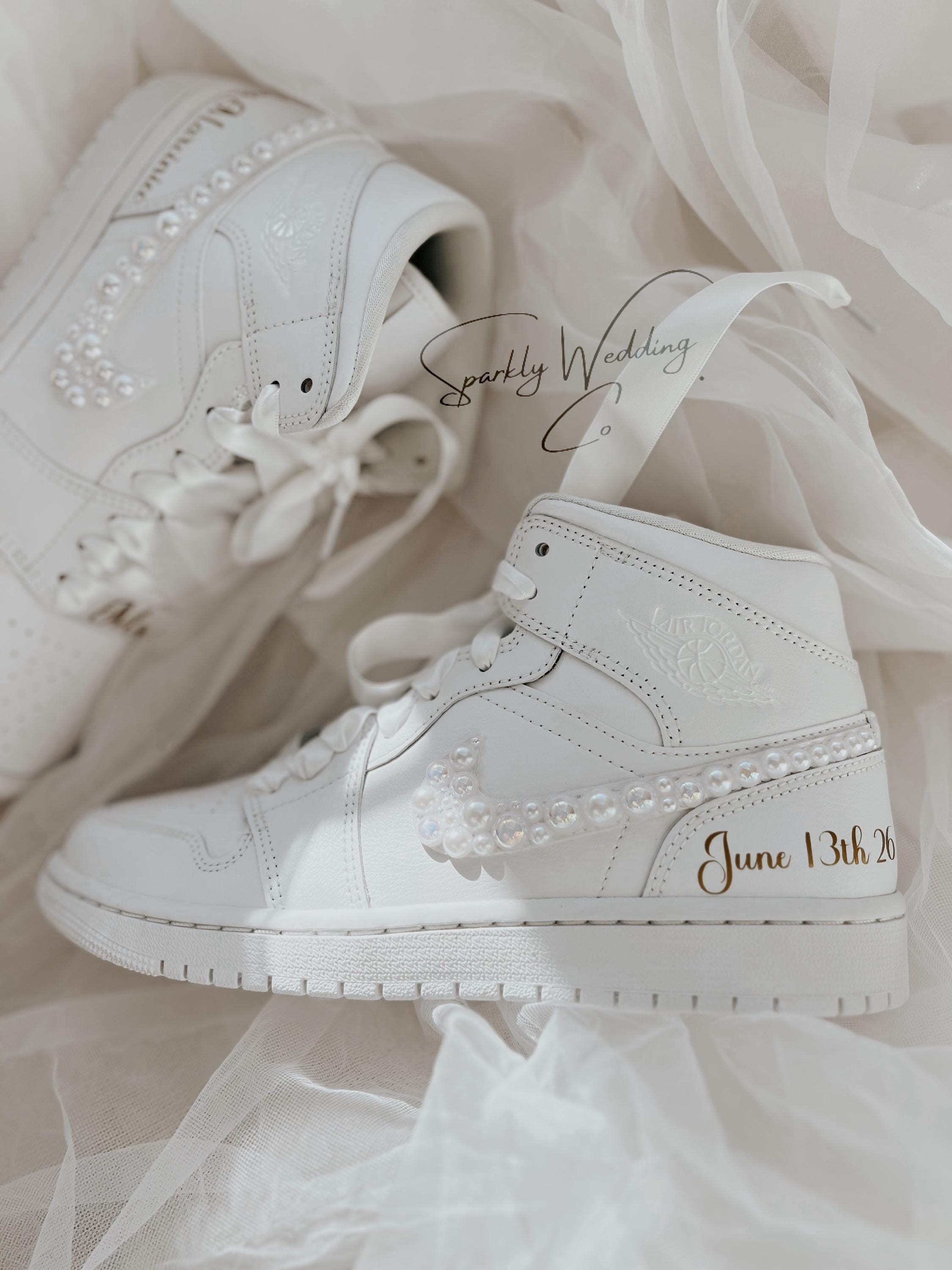 Pearl Swoosh Bridal Sneakers | Custom Nike Air Jordan Mid for Bride
