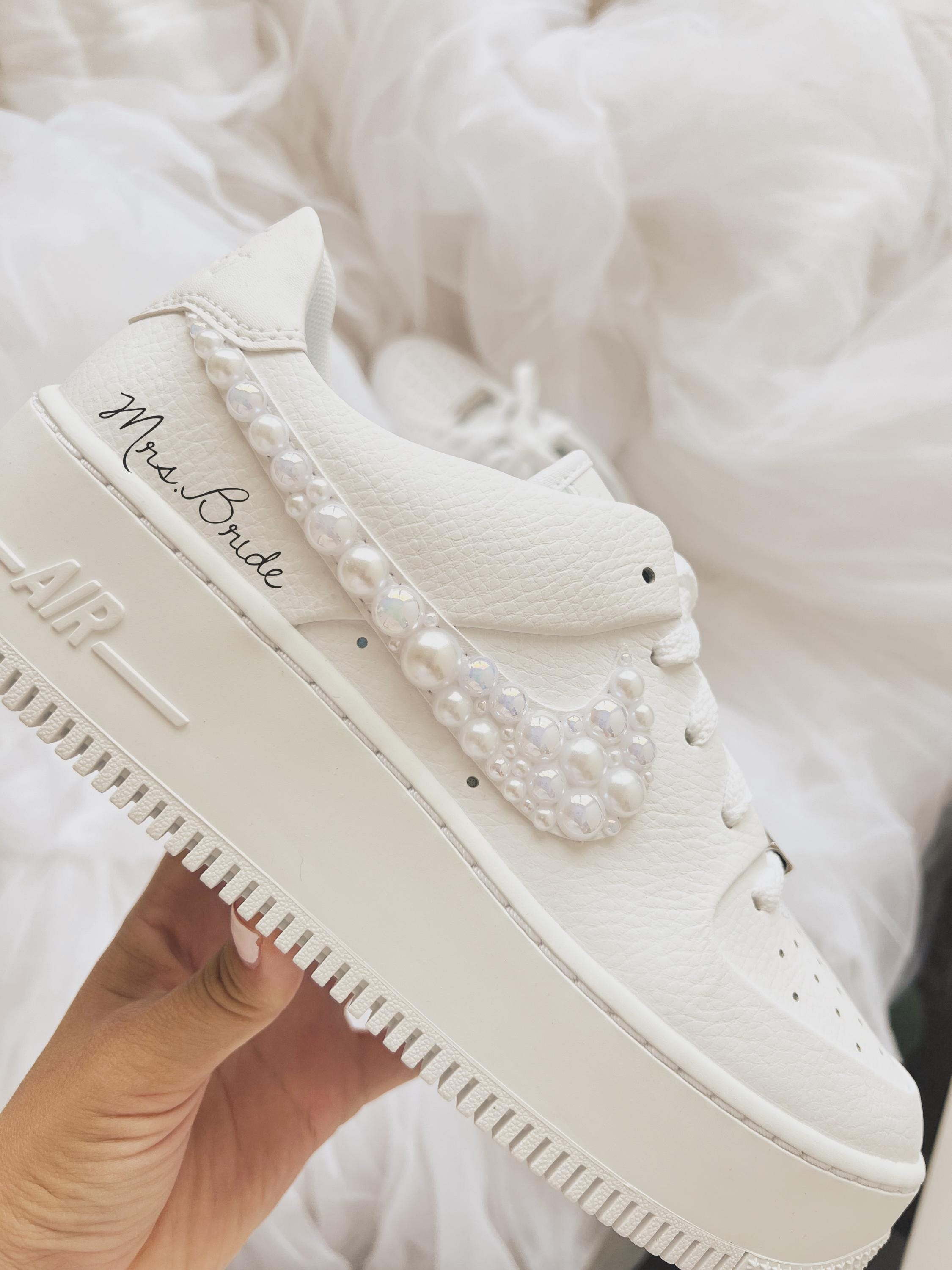 Custom Nike Air Force 1 Sage bridal wedding sneakers with rhinestones and pearls on the swoosh, 1.5 inch platform, personalized with wedding name and date