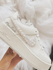 Custom Nike Air Force 1 Sage bridal wedding sneakers with rhinestones and pearls on the swoosh, 1.5 inch platform, personalized with wedding name and date