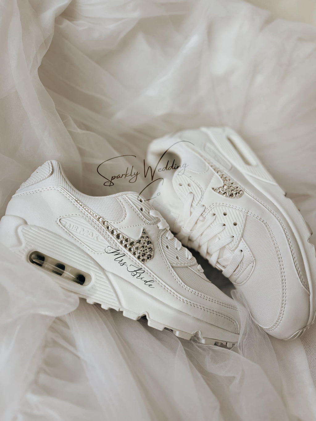 Custom Nike Air Max 90 bridal wedding sneakers with rhinestones on both outer swooshes, personalized with wedding name and date