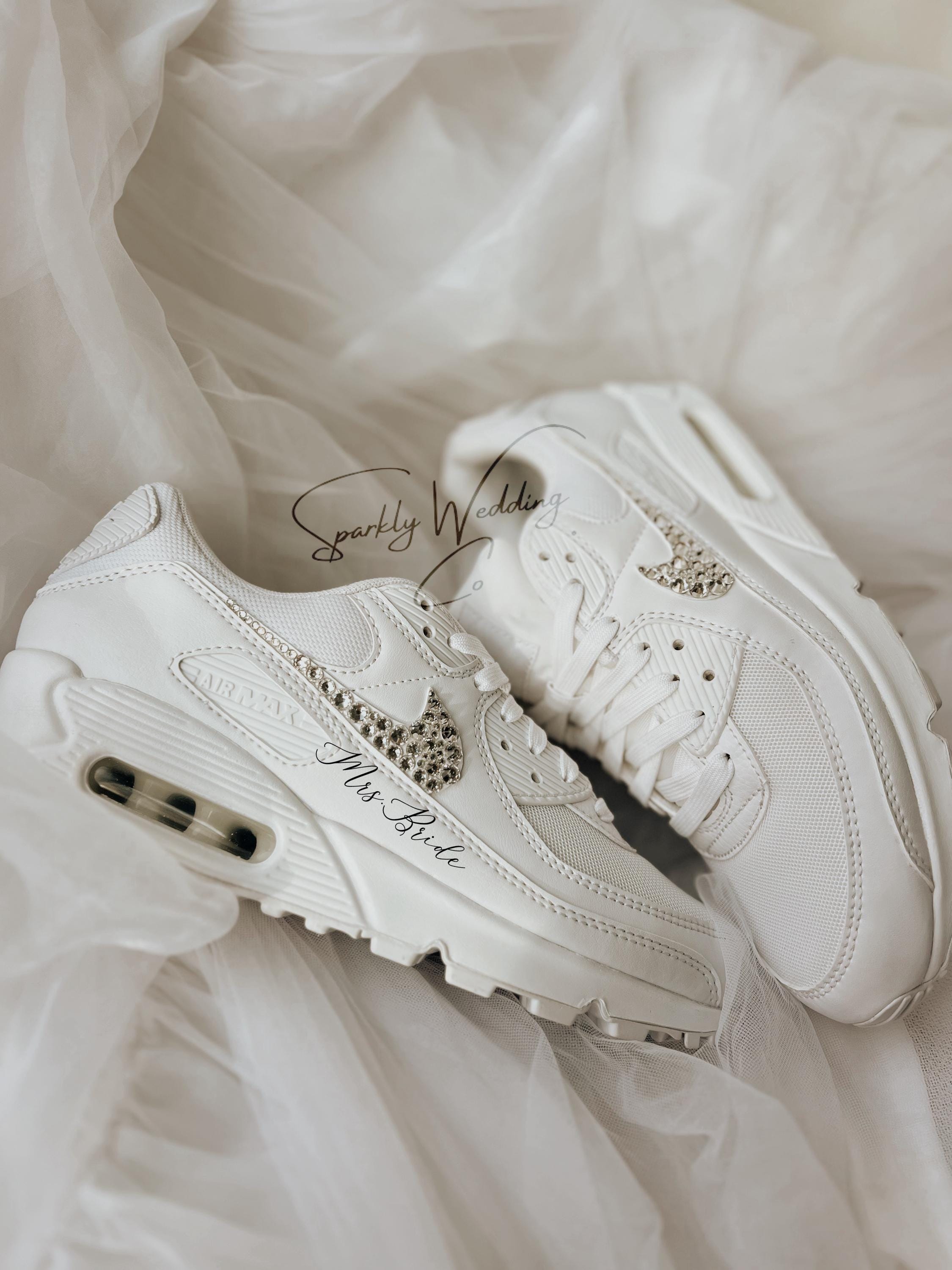 Custom Nike Air Max 90 bridal wedding sneakers with rhinestones on both outer swooshes, personalized with wedding name and date