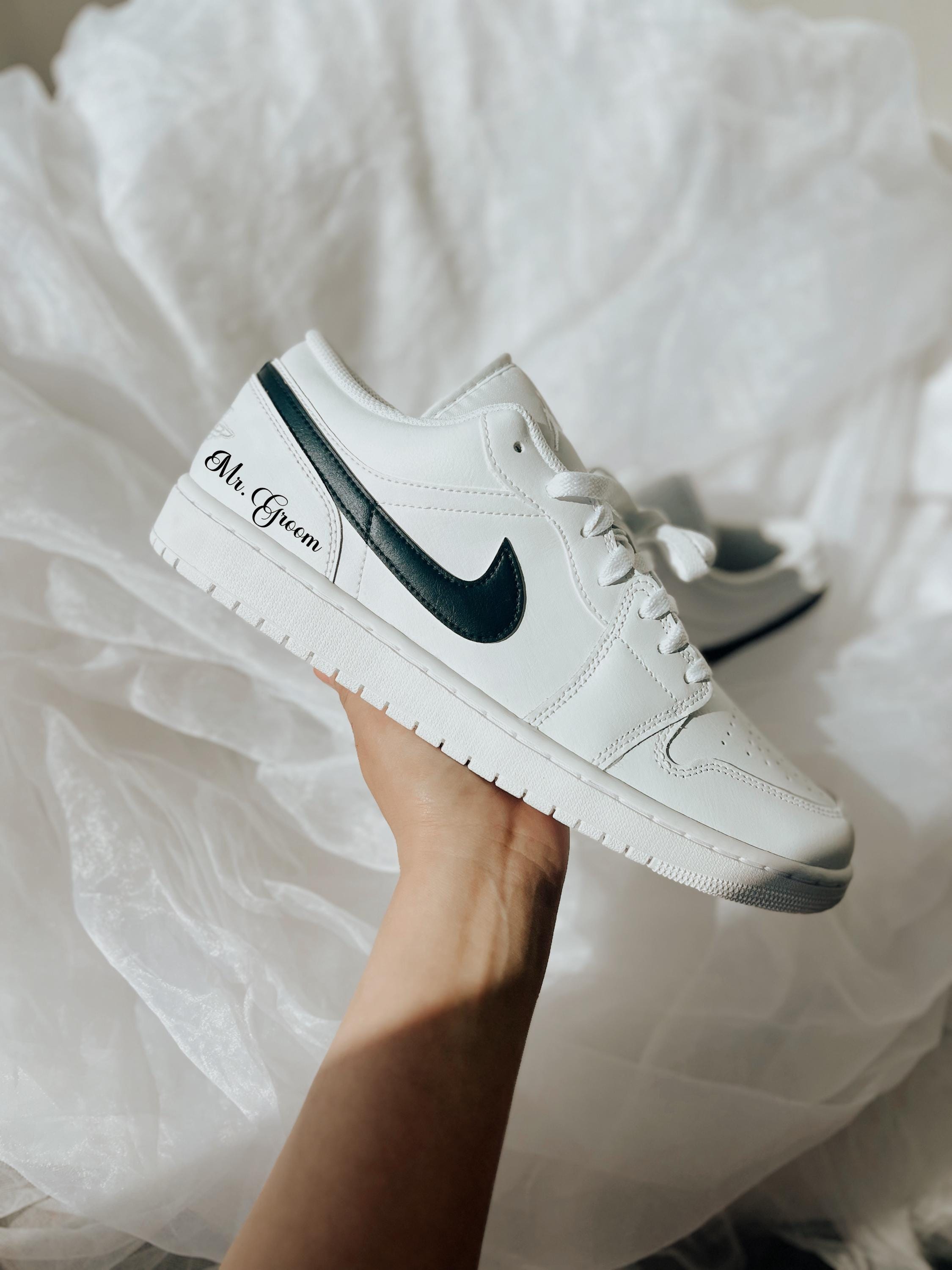 Groom's Painted Swoosh Wedding Sneakers | Custom Nike Air Jordan Low
