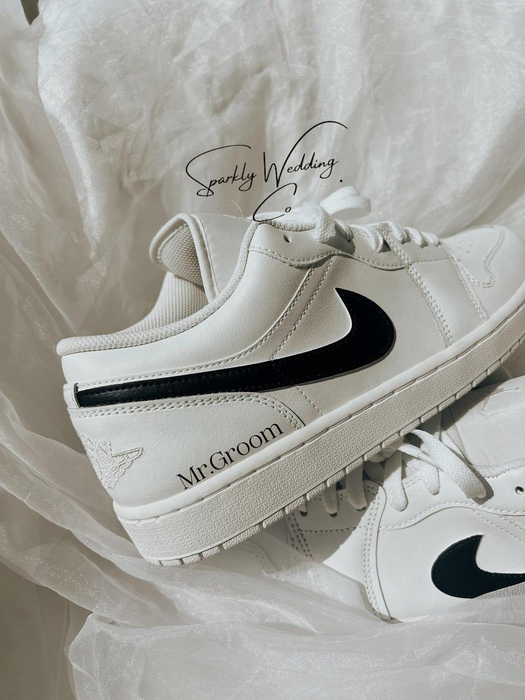 Groom's Painted Swoosh Wedding Sneakers | Custom Nike Air Jordan Low