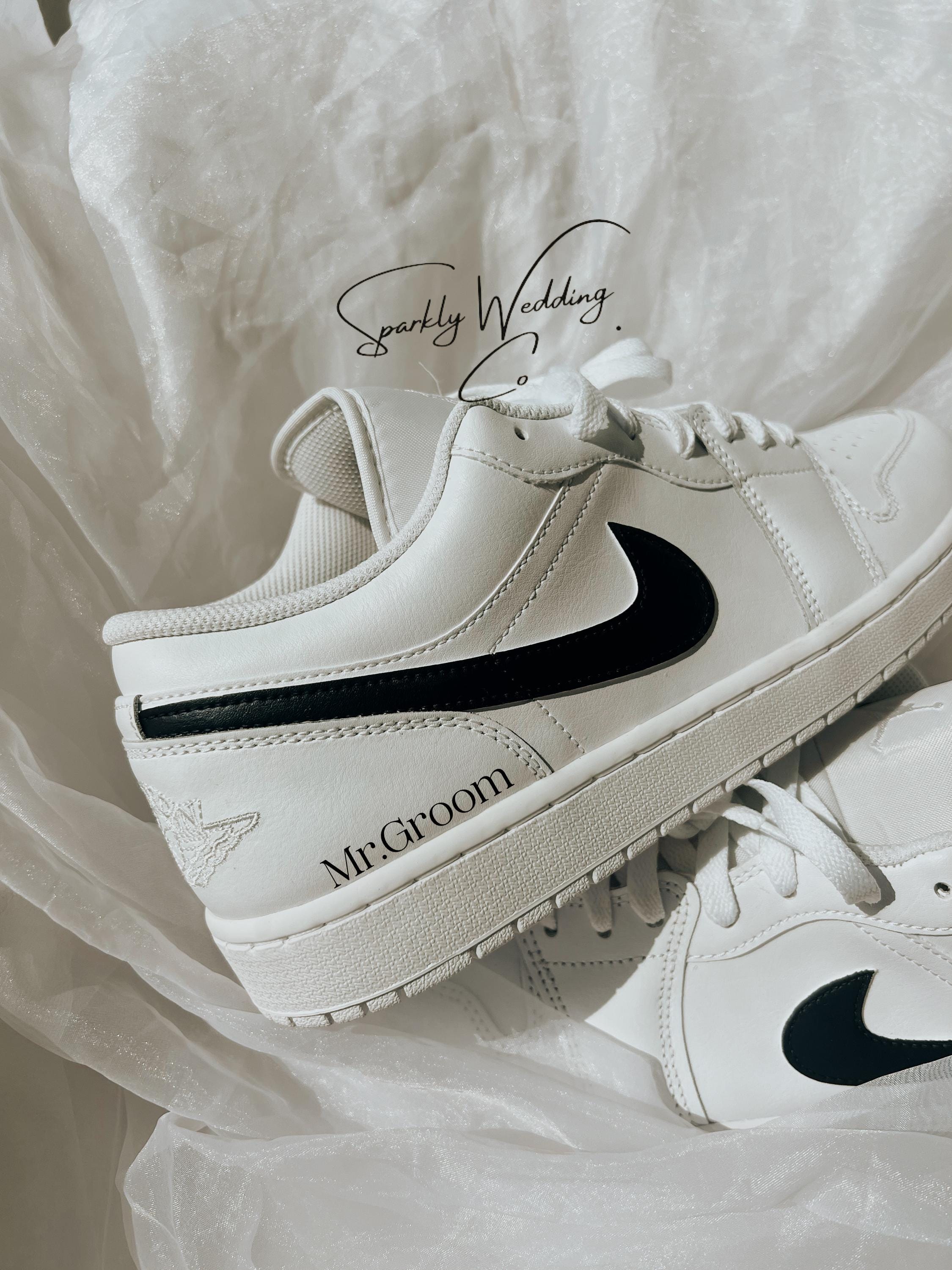 Groom's Painted Swoosh Wedding Sneakers | Custom Nike Air Jordan Low
