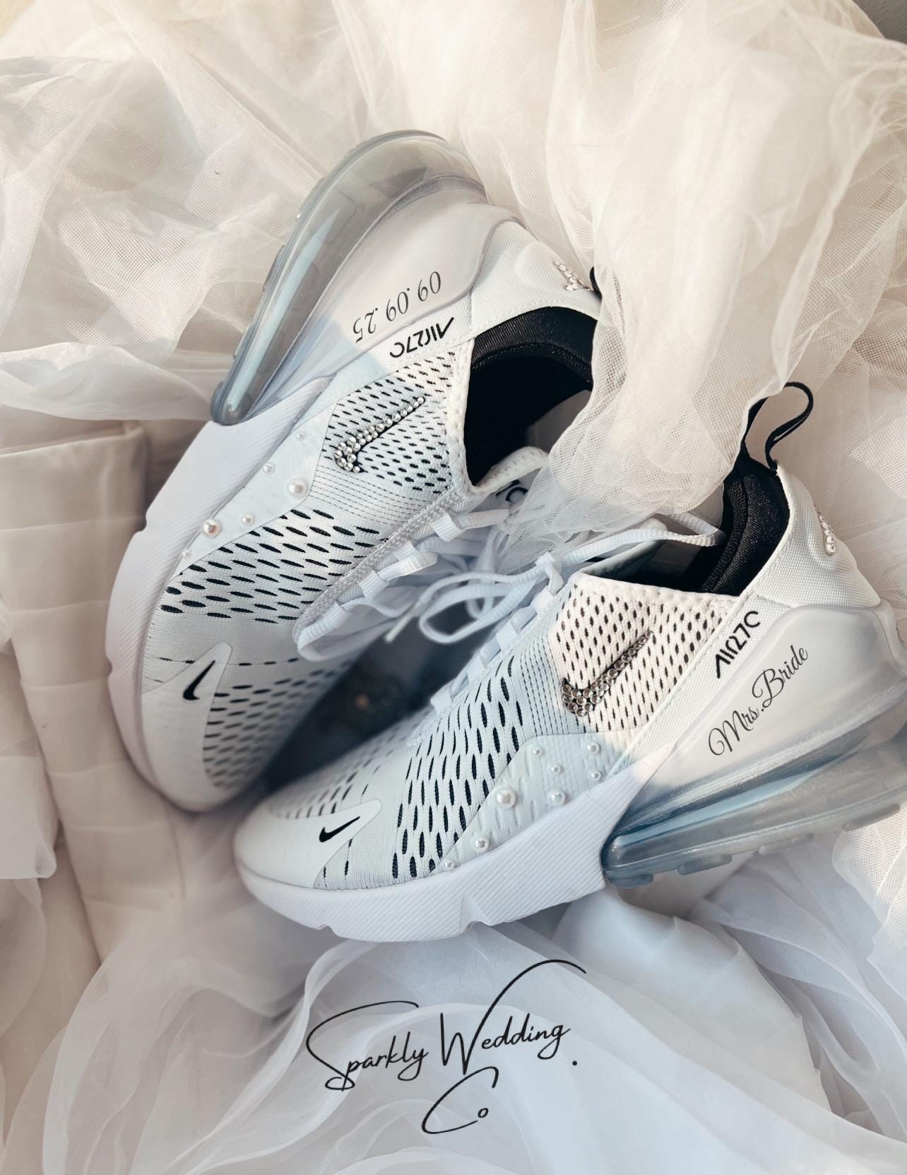 Air Max 270 Bridal Sneakers: White Pearls & Blue Crystals - Personalized Wedding Shoes