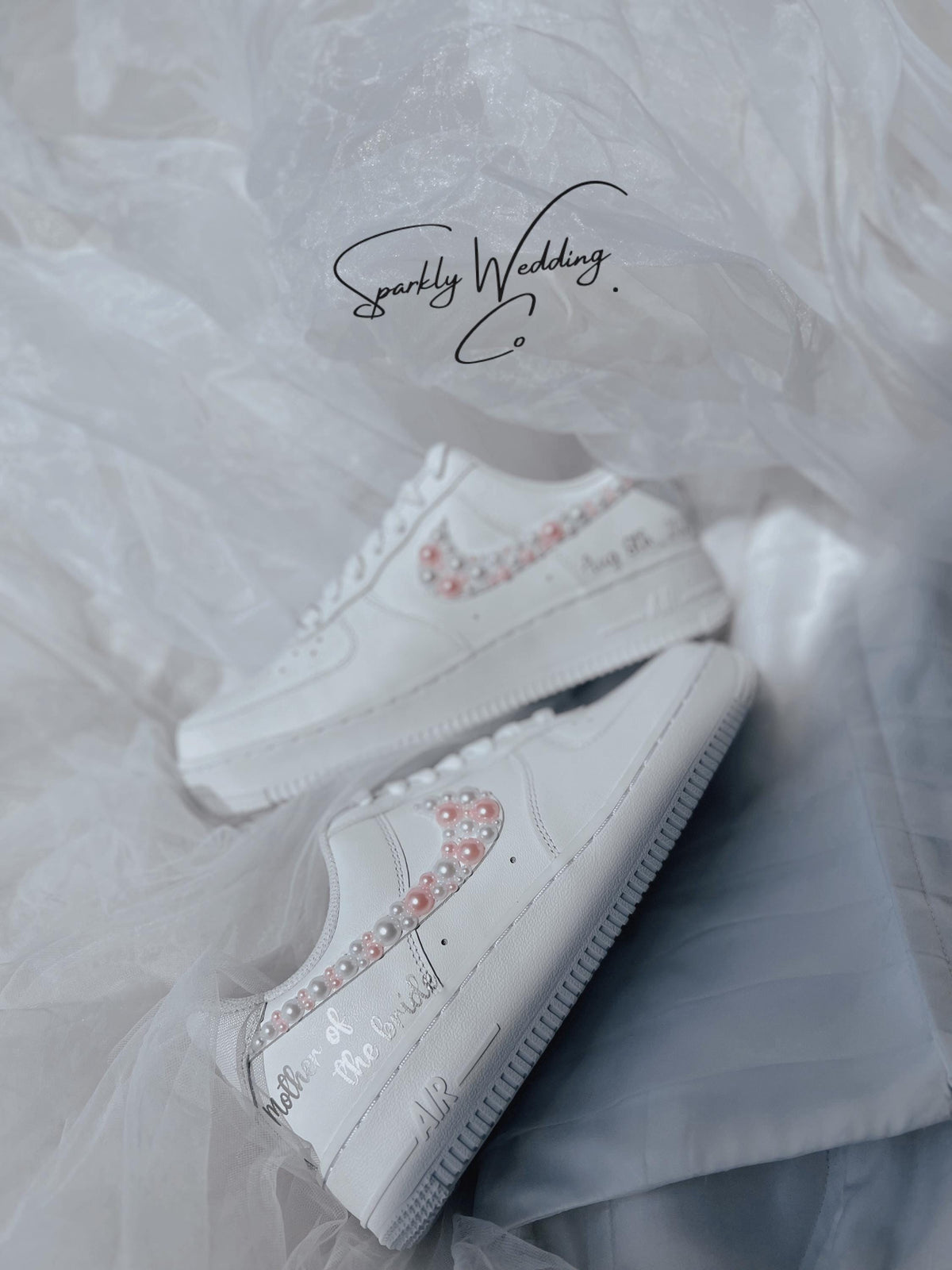 Wedding Shoes Custom Nike Air Force Sage for Bride with White Pink Pearls – Personalized Bridal Sneakers