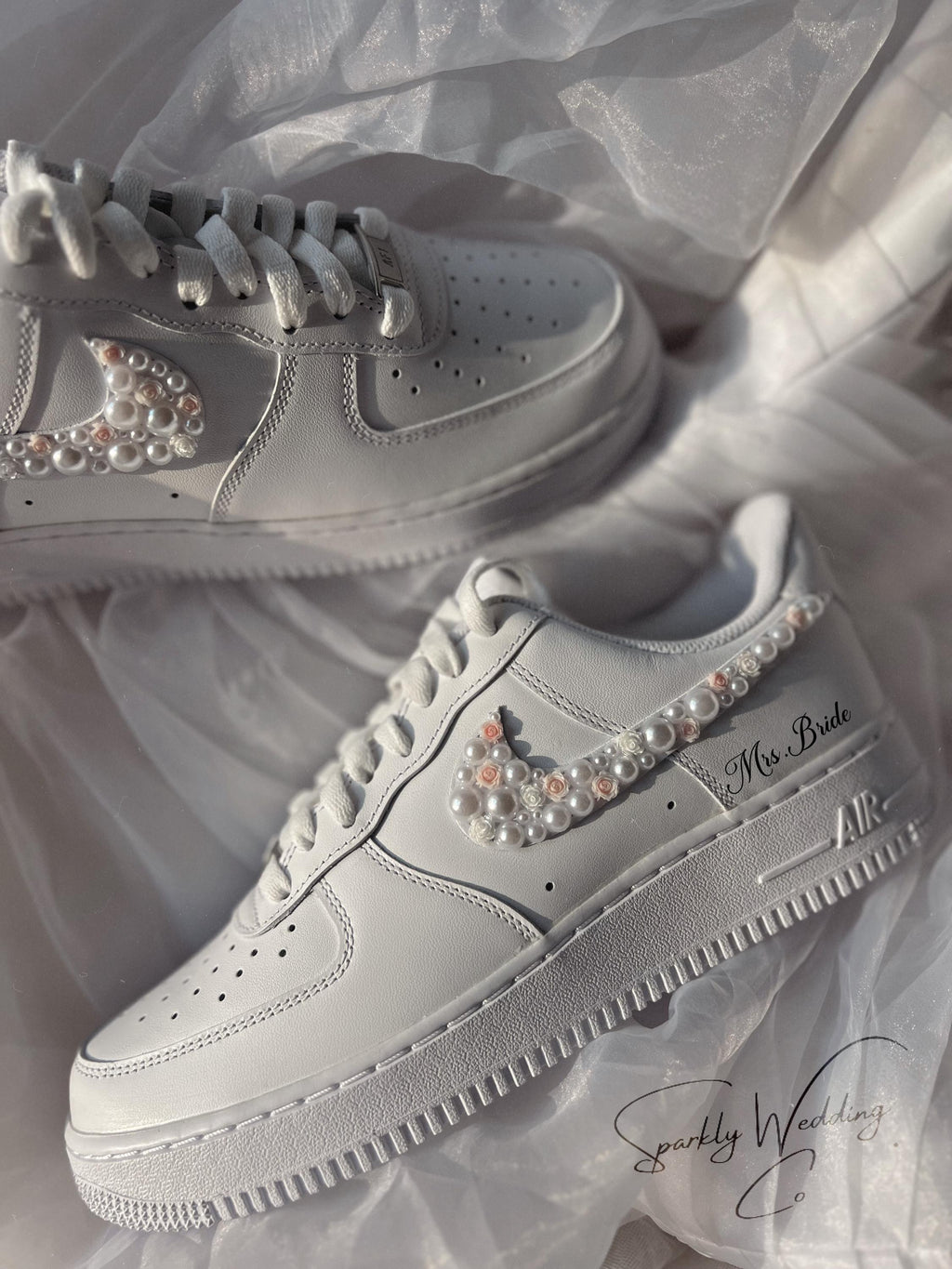 Air Force 1 Wedding Sneakers with Pearls & Pink Roses – Custom Bridal Shoes